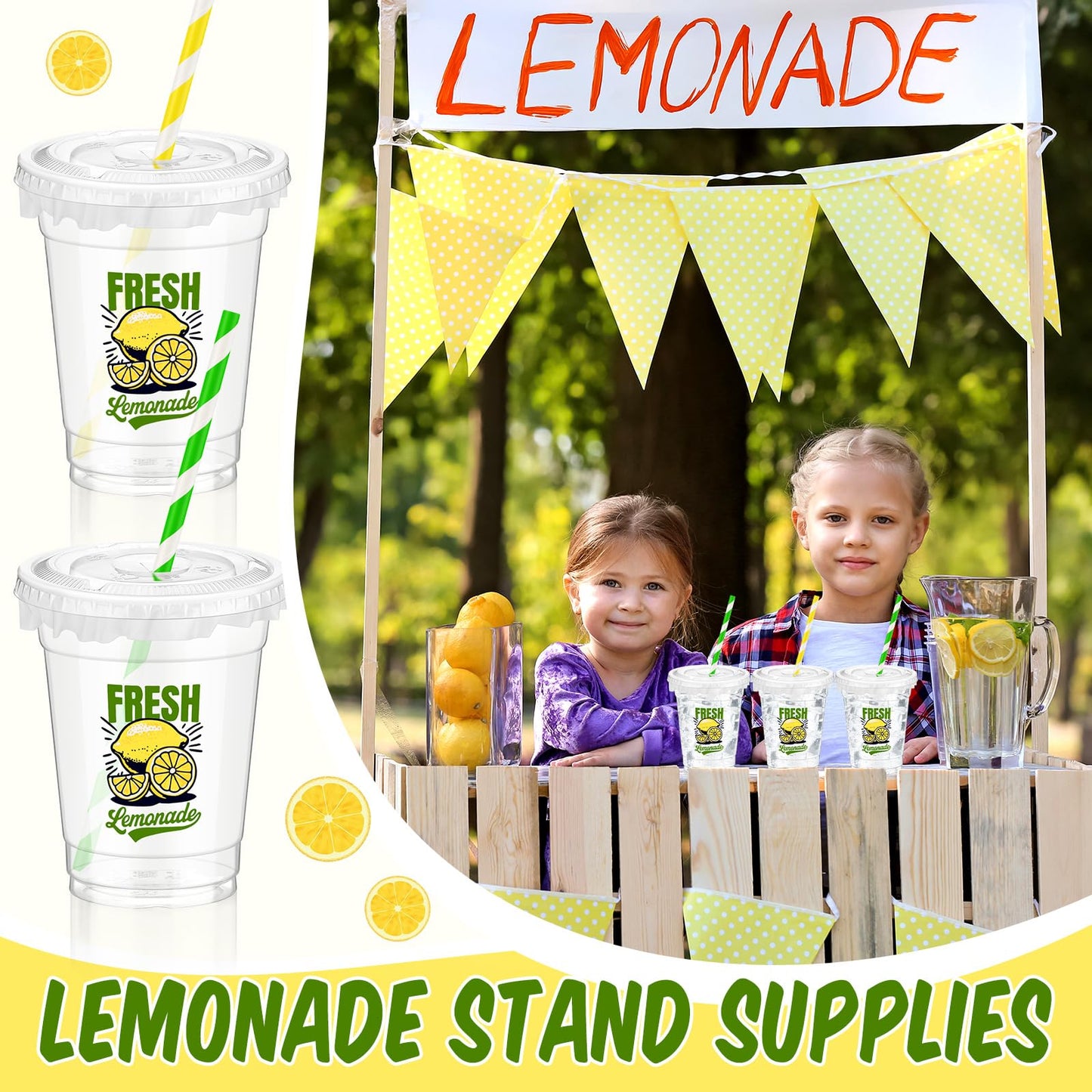 Domensi 50 Sets Lemon Disposable Plastic Cups 12 oz Lemonade Thick Clear Cups with Lids Straws Decoration for Iced Lemonade Juic