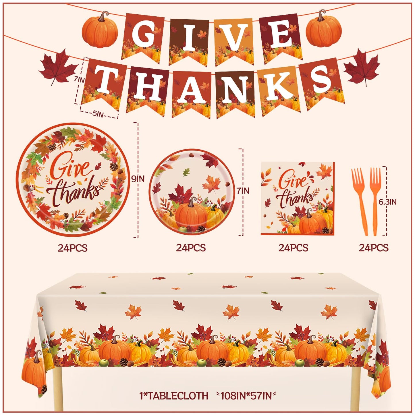 Thanksgiving Plates, 98PCs Give Thanks Plates Serves 24 with Napkins Tablecloth and Give Thanks Banner Forks for Fall Autumn Tha