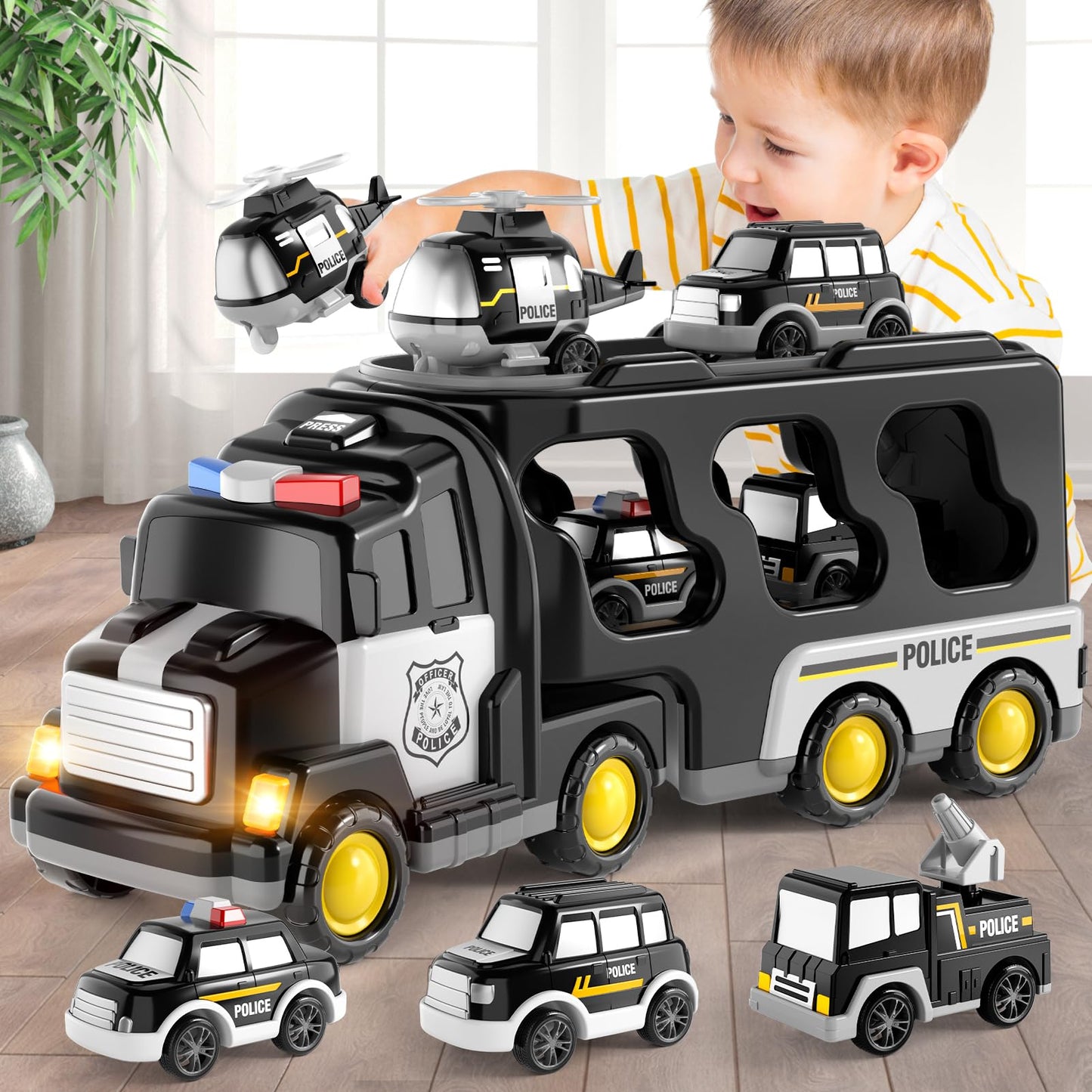 Beby Buty 5 in 1 Police Truck & Car Toys for Toddlers 3-5, Light & Sound, Birthday Gift for Boys 3-6 Years, Durable Plastic