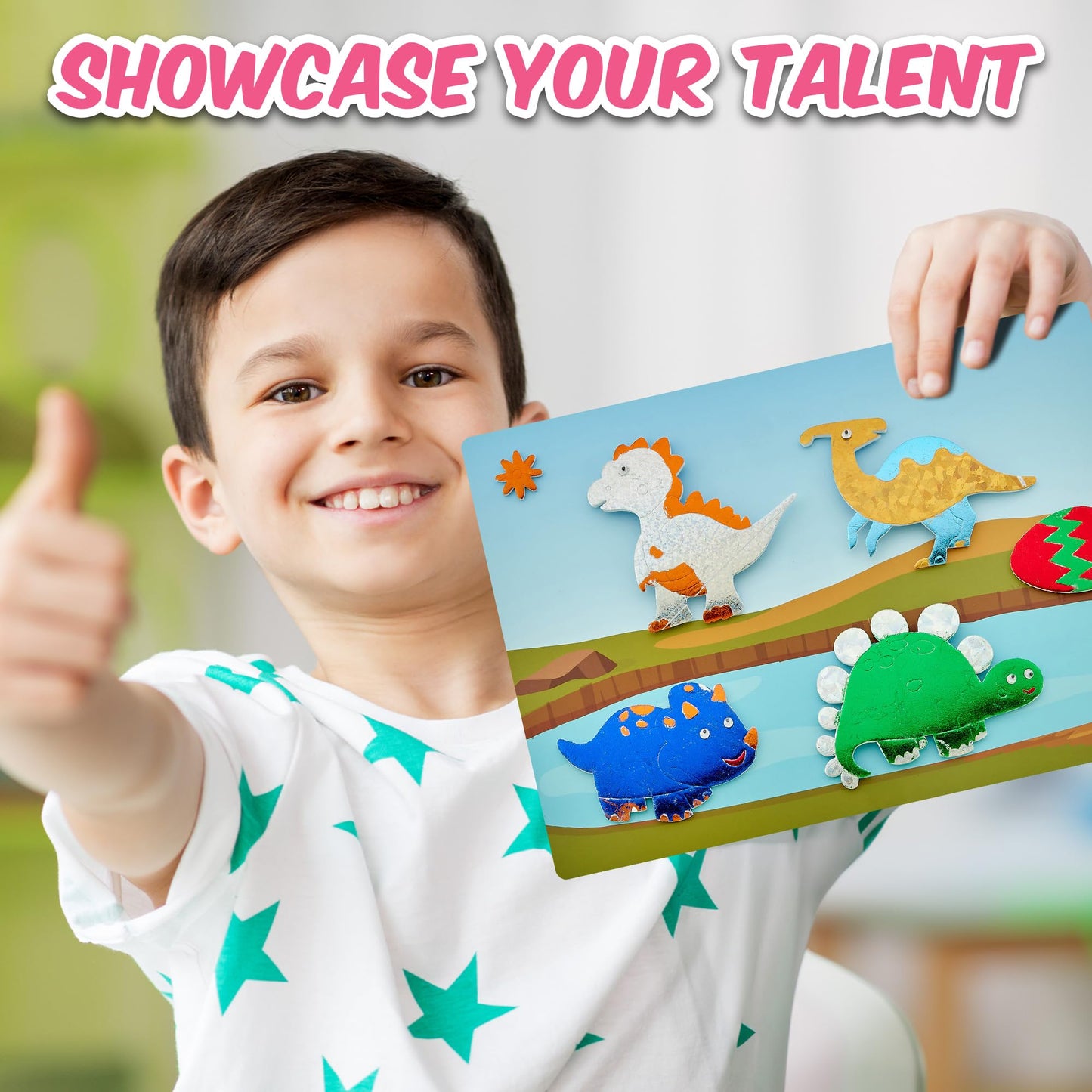 Playbees Foil Art Kit Dinosaurs - Preschool Arts and Crafts Kit for Kids- No Mess Art for Boys & Girls Ages 4, 5, 6, 7, 8, 9 Yea