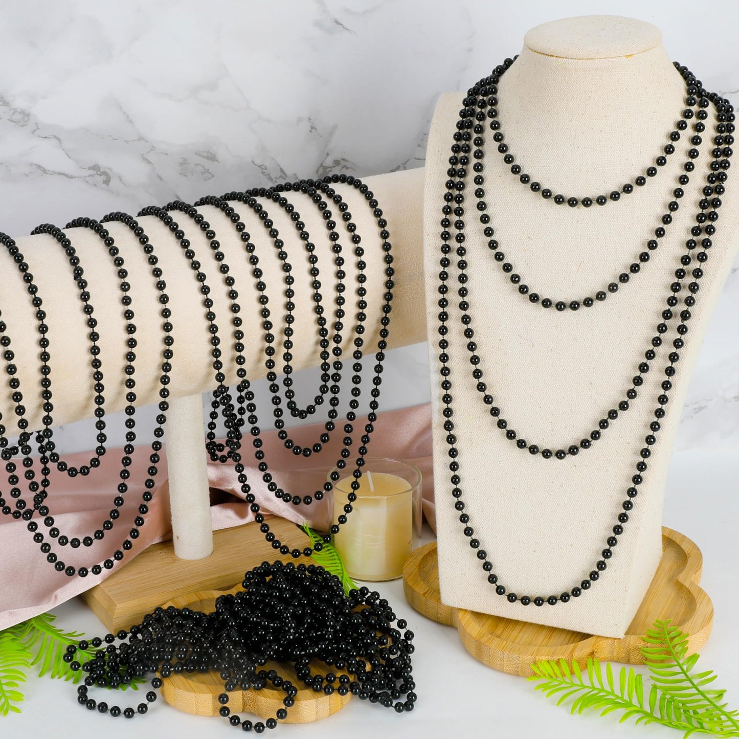 100 Pcs Mardi Gras Beads Bulk, 33'' Black Mardi Gras Beaded Necklace, Round Metallic Black Beads Stuff Set, Parade Throw Accesso