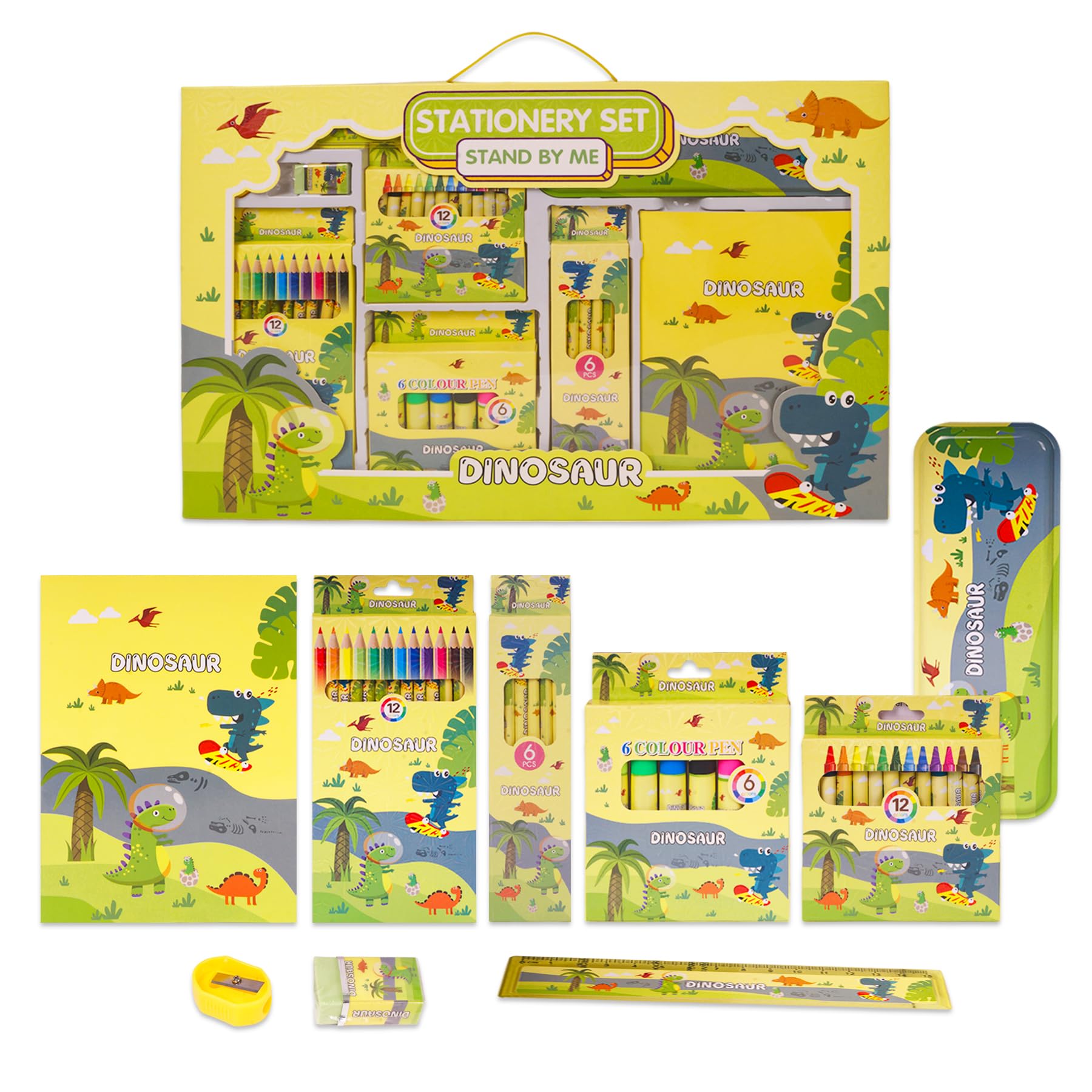 Wishkey 41 Pieces Dinosaur Theme All-In-One Stationery Set Stationery Items With Pencil Box Notebook Scale Eraser Sharpener Cray