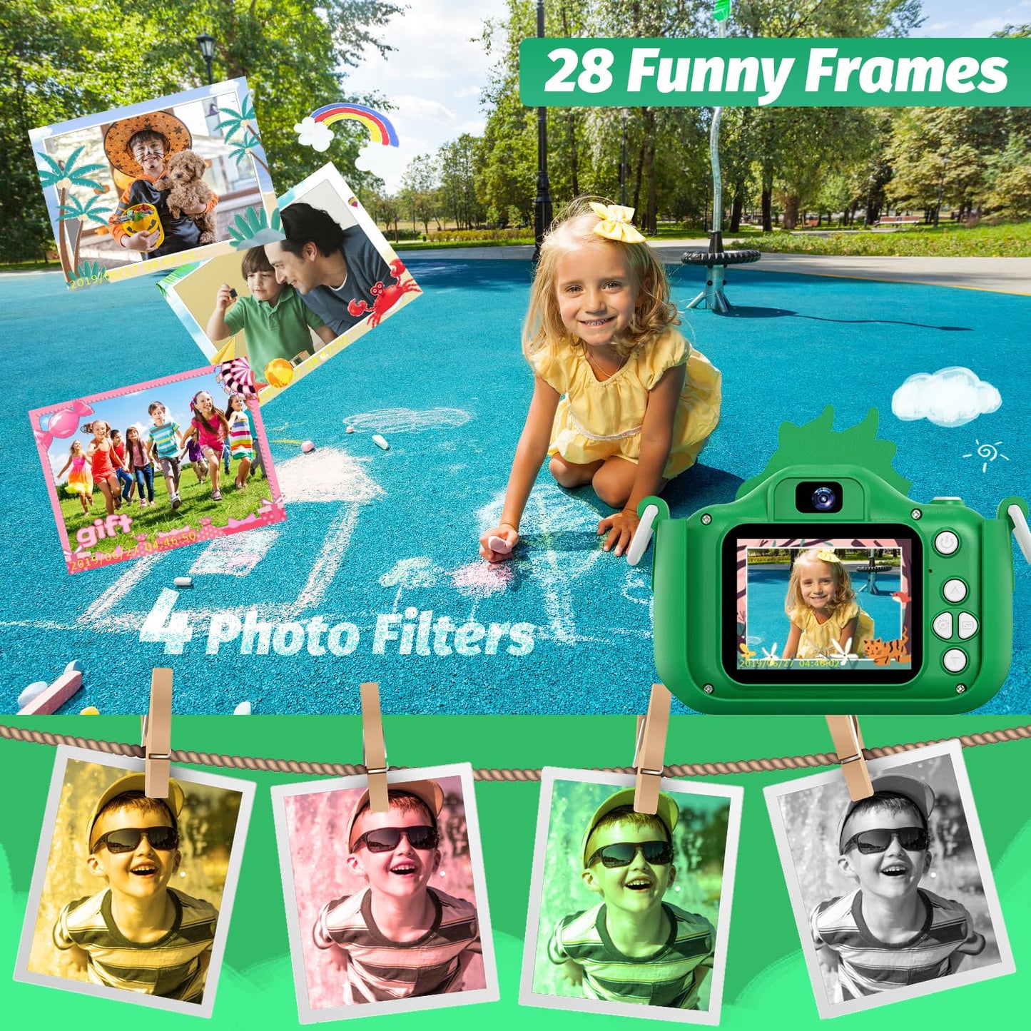 goopow Kids Selfie Camera Toy - Digital Video Camera for Girls Age 3-9, Green-H25, Small, Includes 32GB SD Card, ABS Material