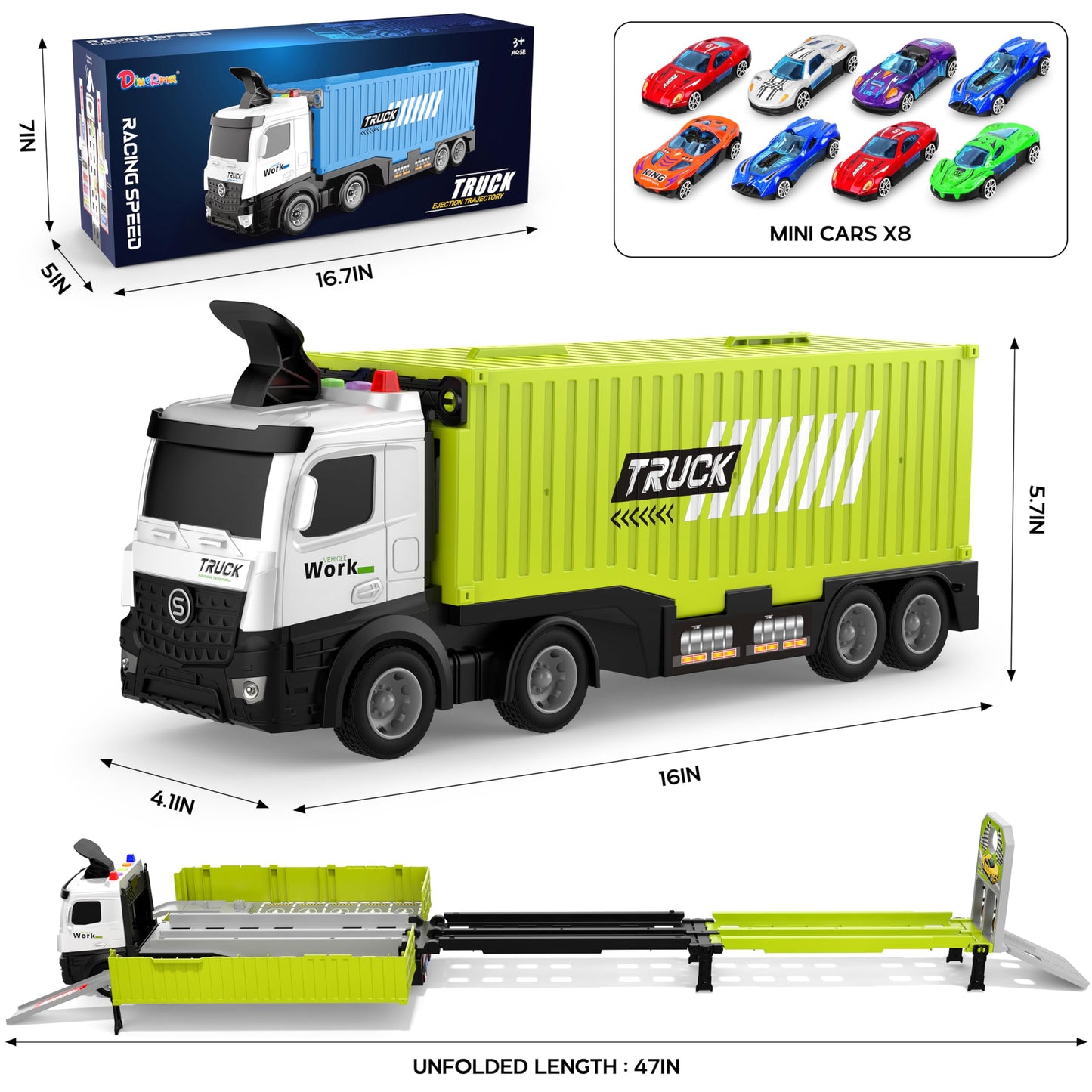 Diuerma Carrier Truck Race Track Playset for Boys, Foldable 3 Layer, Includes 8 Cars, Green, Ages 3-6+