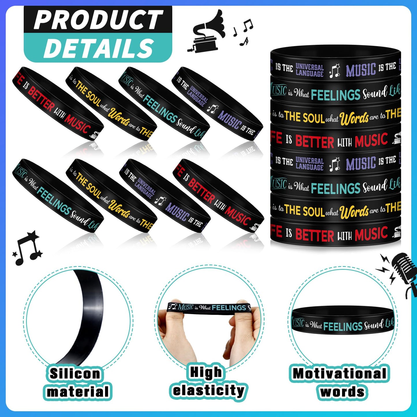 Landical 200 Pcs Music Silicone Bracelets Bulk Rubber Wristband with Inspirational Quote and Piano Notes Music Gifts Musical Eve