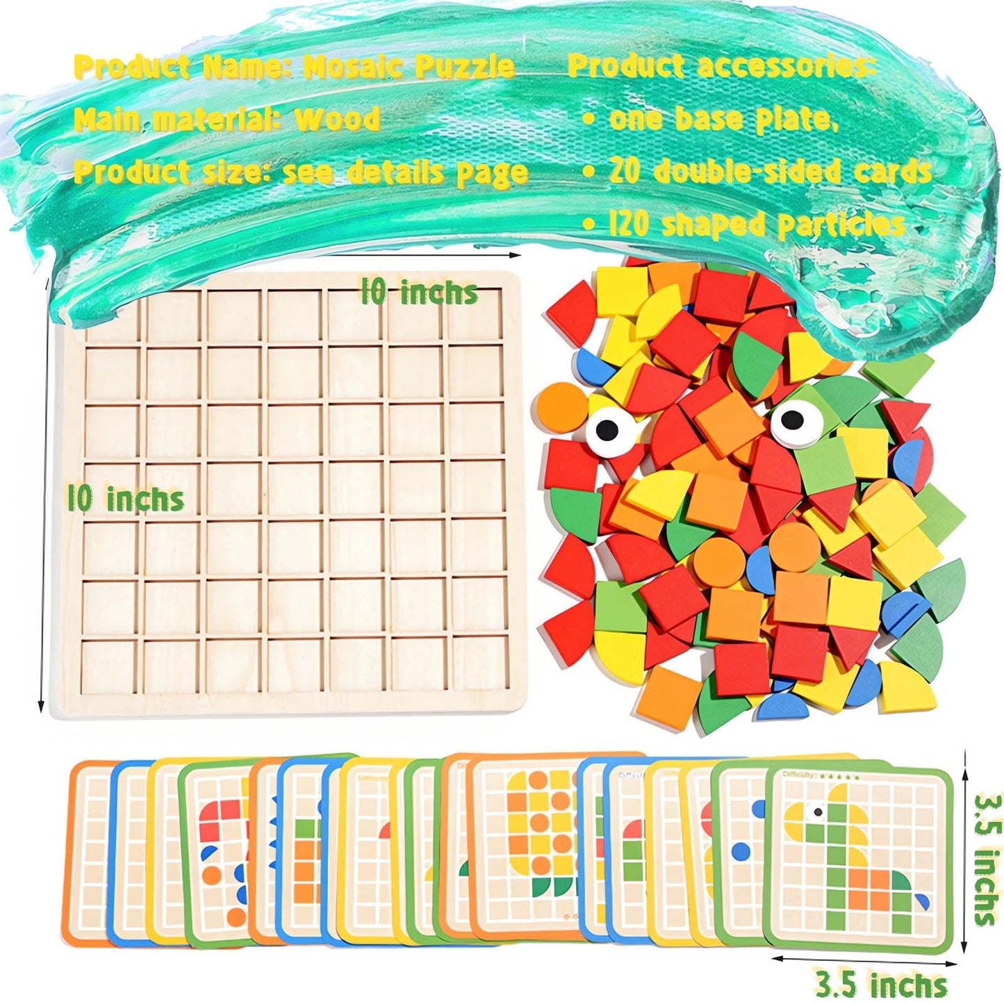 Mosaic Shape Wooden Pattern Blocks Puzzle, 120 Pcs Wooden Pattern Blocks With 20 Pcs Design Cards,Kindergarten Classic Education