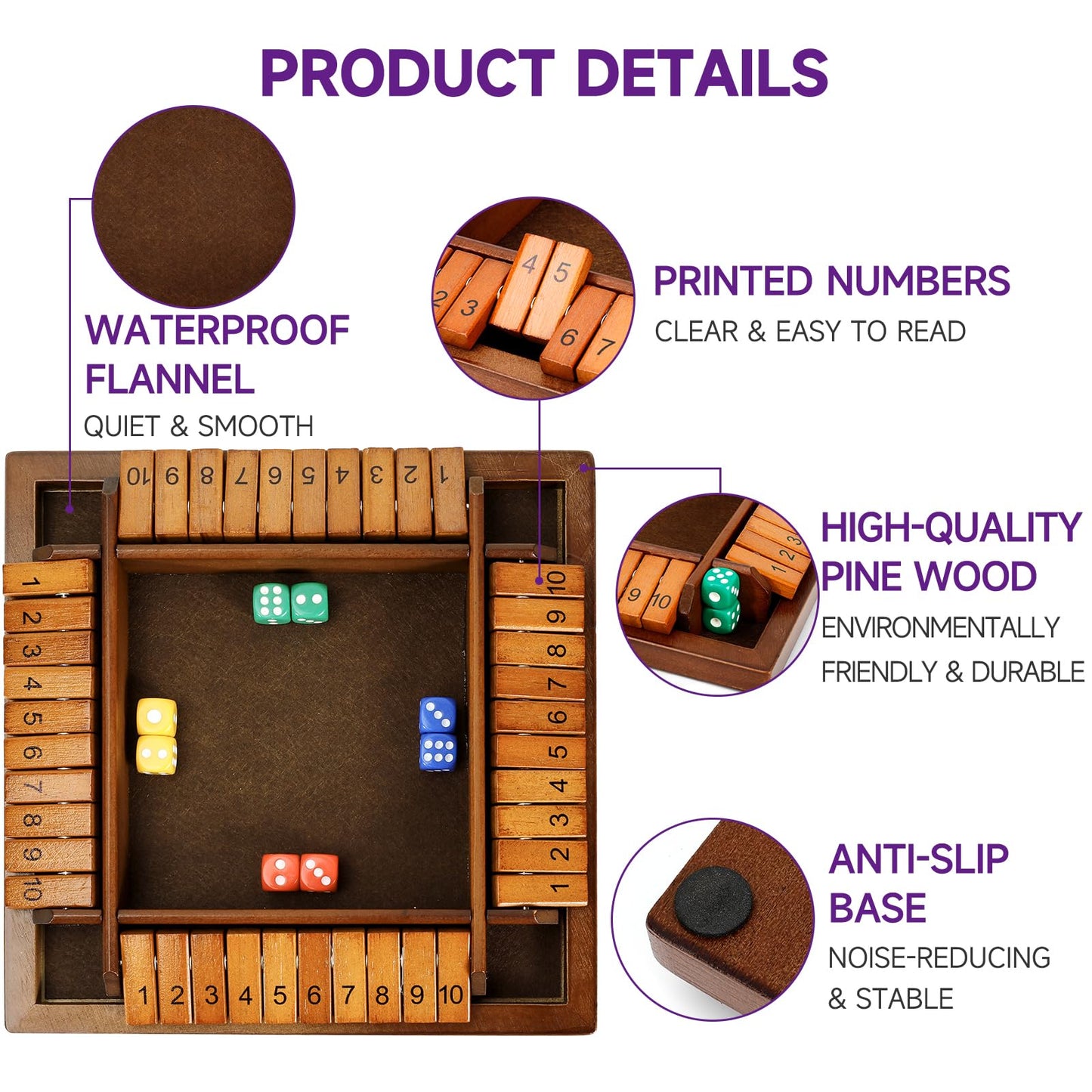 Kiapeak Shut The Box Dice Game, 10 Numbers Traditional Wooden Pub Bar Board Game, Family Classics Tabletop Version Games For Cla