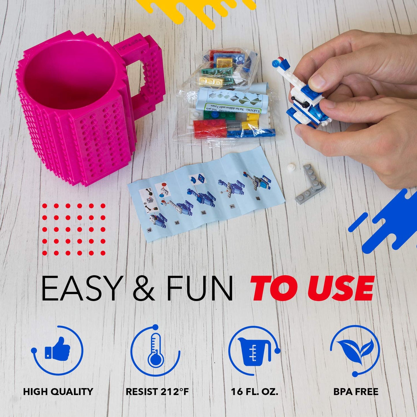 TOYAMBA Build-on Brick Mug BPA-Free Funny Coffee Mug with 3 Building Bricks, Funny Cup for Kids - Creative Building Block DIY Id