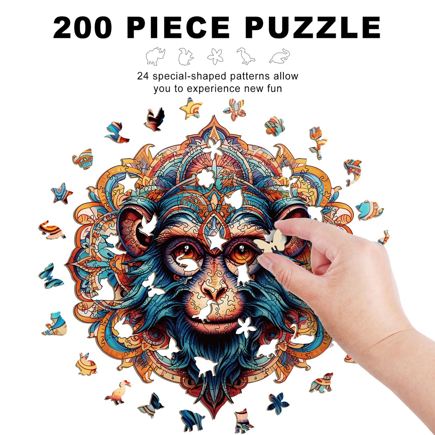 Wooden Puzzles for mature-themeds - 200 Pieces Monkey Unique Shaped Wooden Jigsaw Puzzles for mature-themeds  Medium Size 10'' x 10.5'' mature-themed Wood Puzzles for Family Friend Game