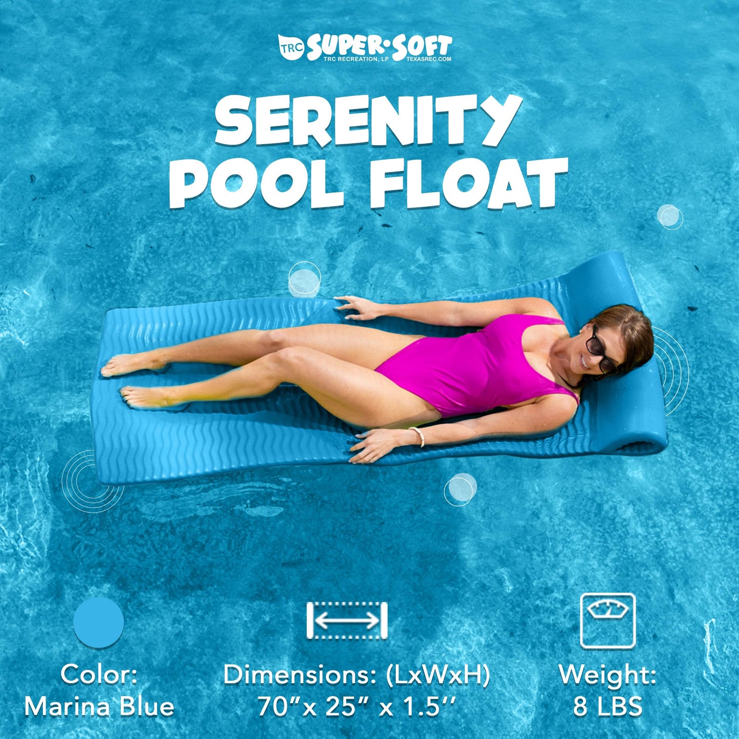 TRC Recreation Serenity 1.5  Thick Vinyl Coated Foam Swimming Pool Float Mat mature-themed Lounger with Built-in Roll Pillow  Marina Blue