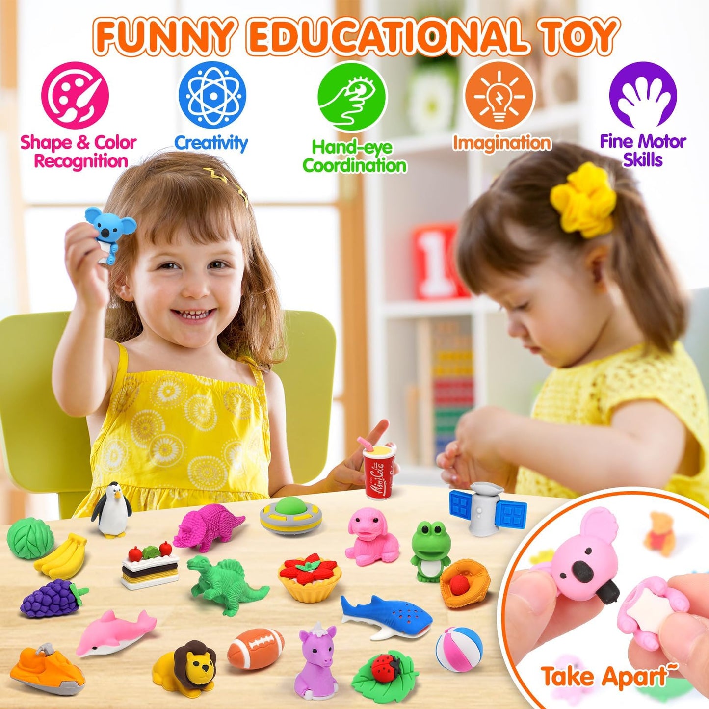 100 Pack Animal Erasers Desk Pet For Kids 3D Puzzle Pencil Eraser Take Apart Bulk Treasure Box Toy For Classroom School Prize Kids Party Favors Back To School Supplies Goodie Bag Stuffers Gift(Random)
