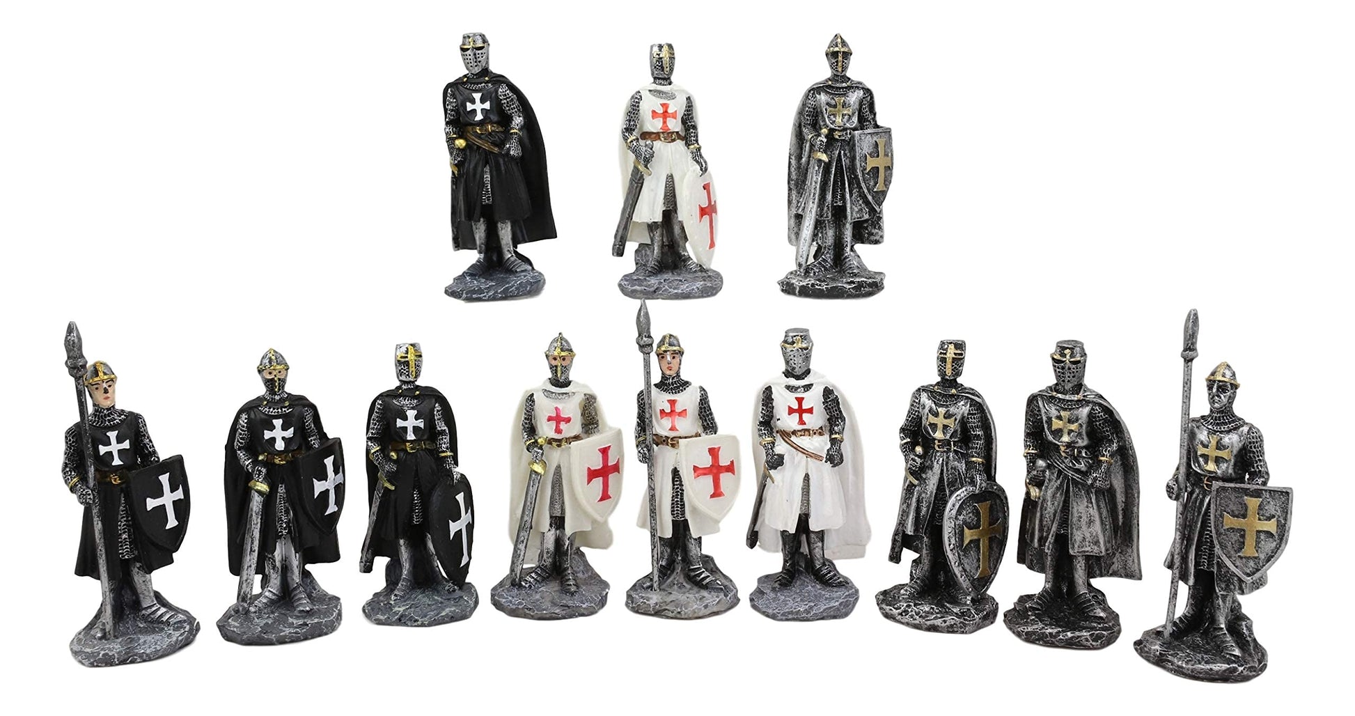 Ebros Gift Set of 12 Medieval Knights of The Cross Crusaders with decorative replica blades Halberds and Shields Figurines Suit of protective covering Miniature European Knight D?cor Sculptures