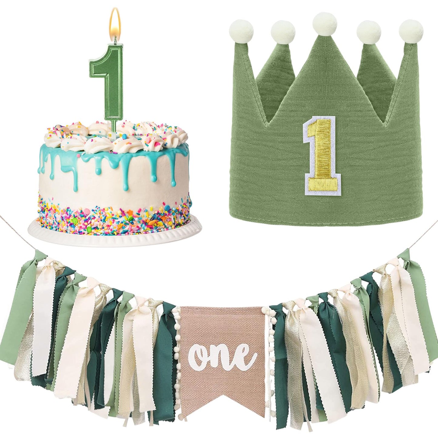Yaomiao Birthday Banner Decorations Set Wild High Chair Banner with Green Tassel Garland Birthday Crown Hat Number Candles Jungl