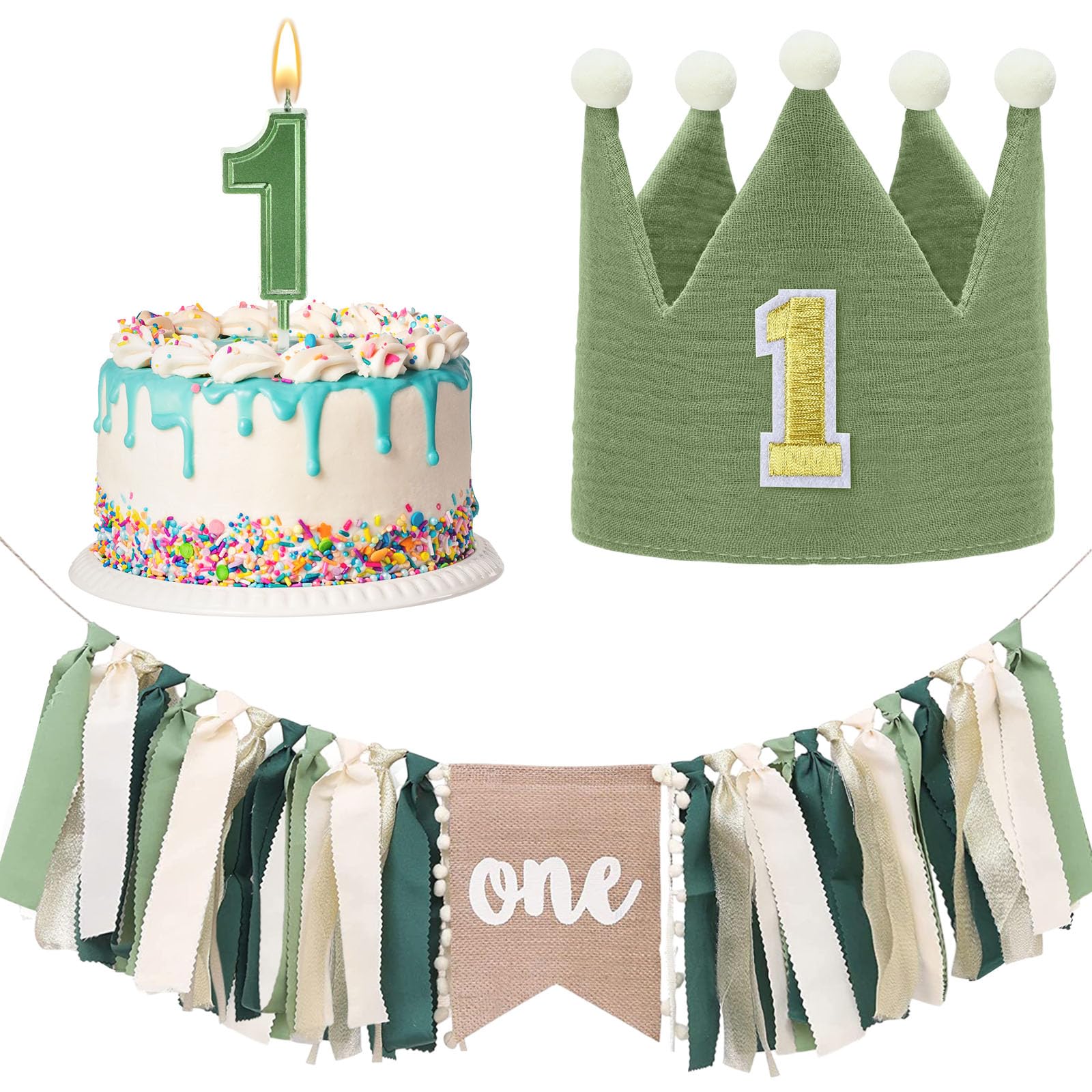 Yaomiao Birthday Banner Decorations Set Wild High Chair Banner with Green Tassel Garland Birthday Crown Hat Number Candles Jungl