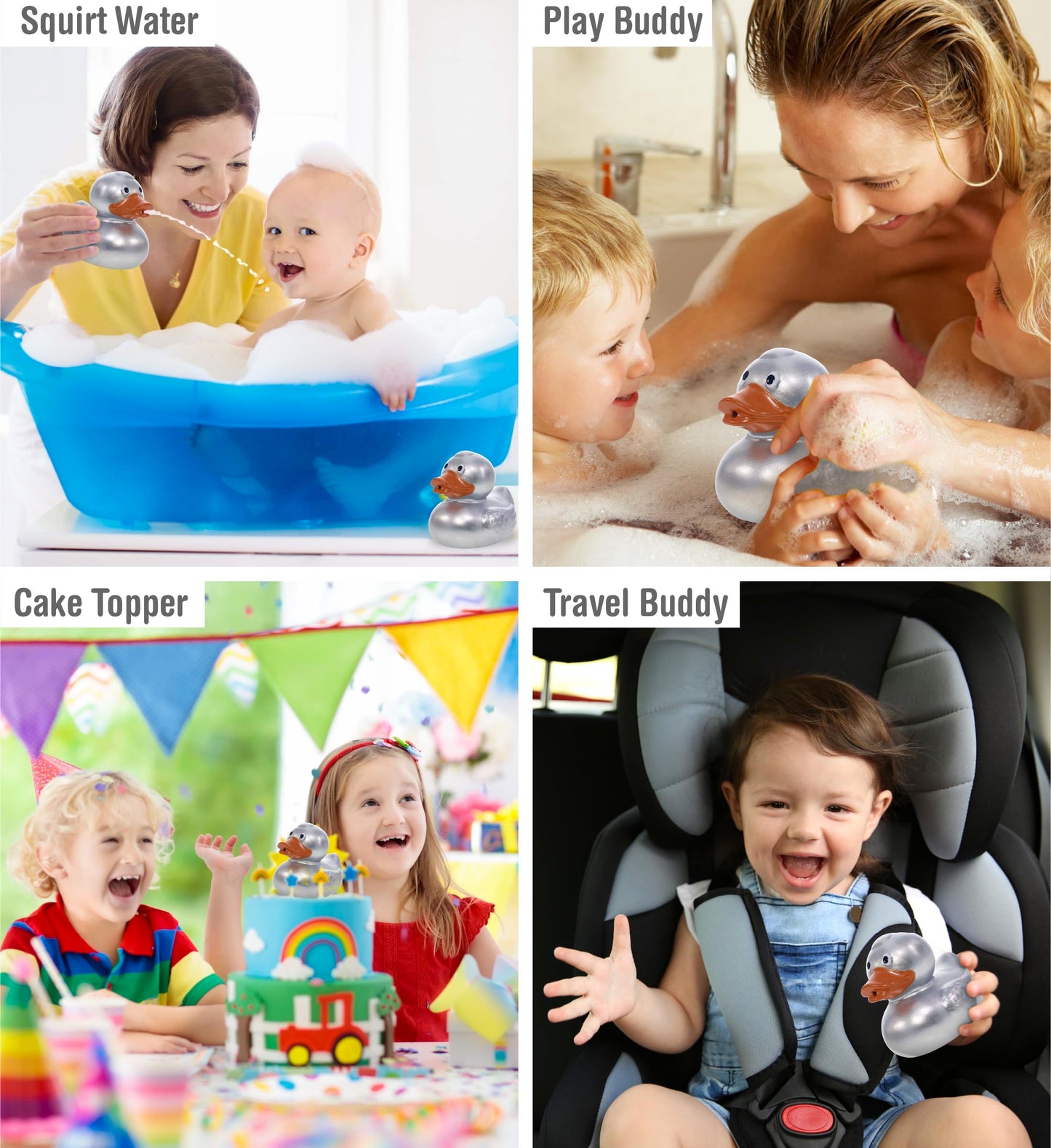 DolliBu Metallic Silver Duck Bath Buddy Squirter - Floating Silver Duck Rubber Bath Toy  Fun Water Squirting Bath Time Play for Toddlers  Animal Toy for Bathtub  Beach  and Pool for Girls and Boys