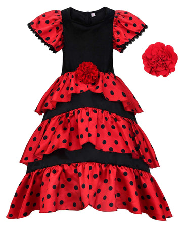 Relibeauty Girls Flamenco Costume Spanish Dancer Skirt Kids Halloween Fancy Dress With Red Flower, 8-9/140