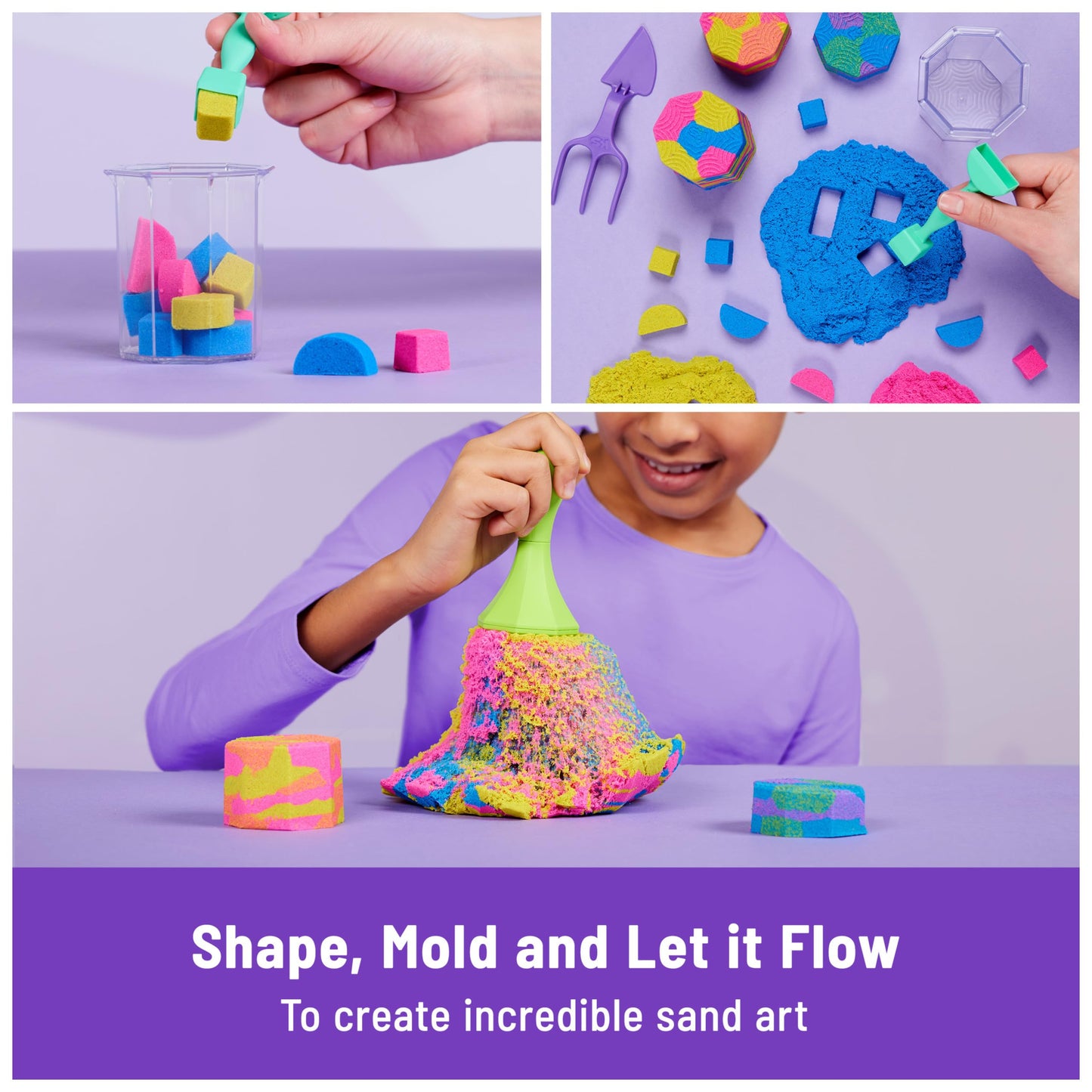 Kinetic Sand Squish N’ Create Playset, 13.5oz Blue, Yellow & Pink, 5 Tools, Sensory Toys for Kids Ages 3+, Model 6065527