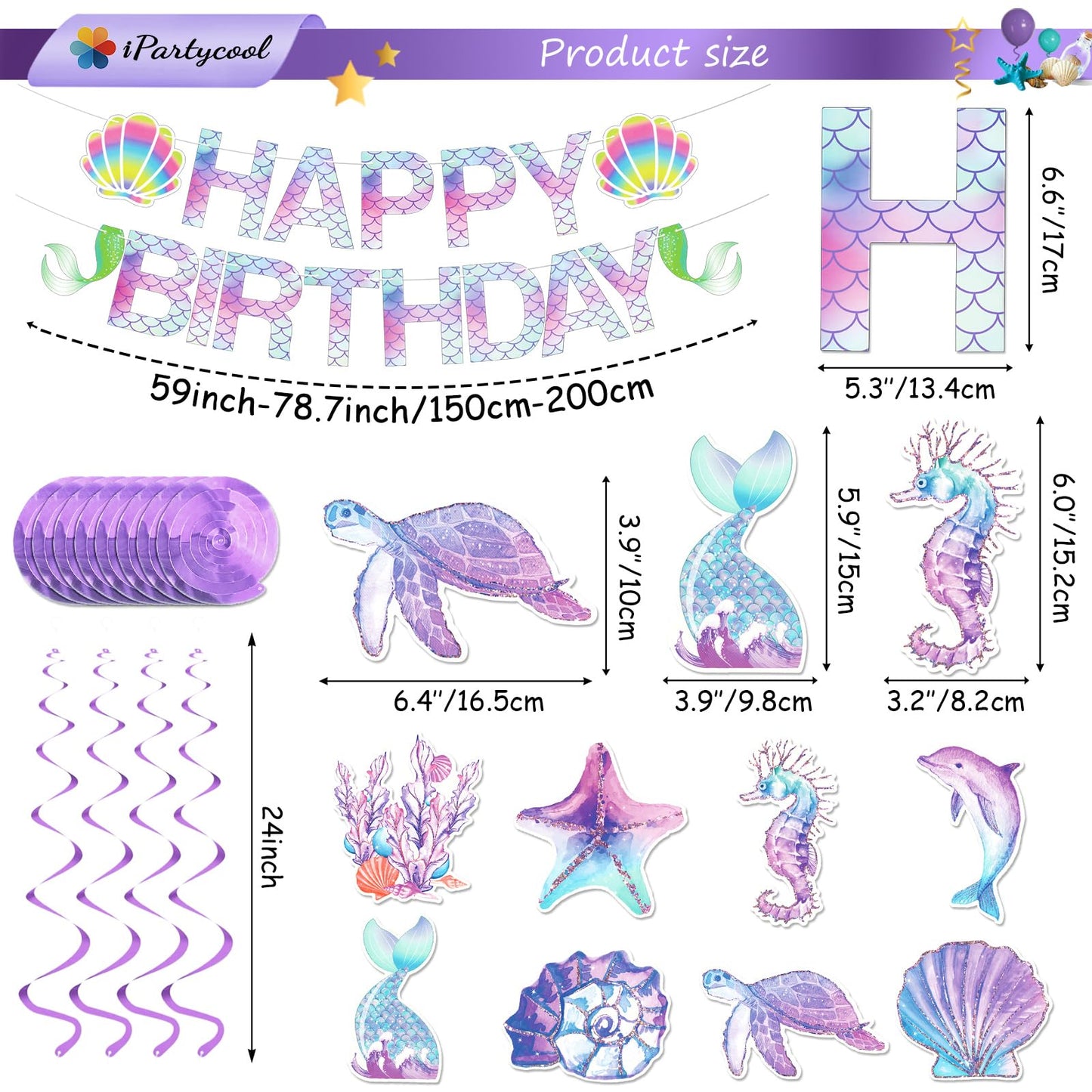 Ipartycool Mermaid Birthday Decorations, Happy Birthday Banner, Happy Birthday Sign Hanging Swirls Birthday Decorations For Wome