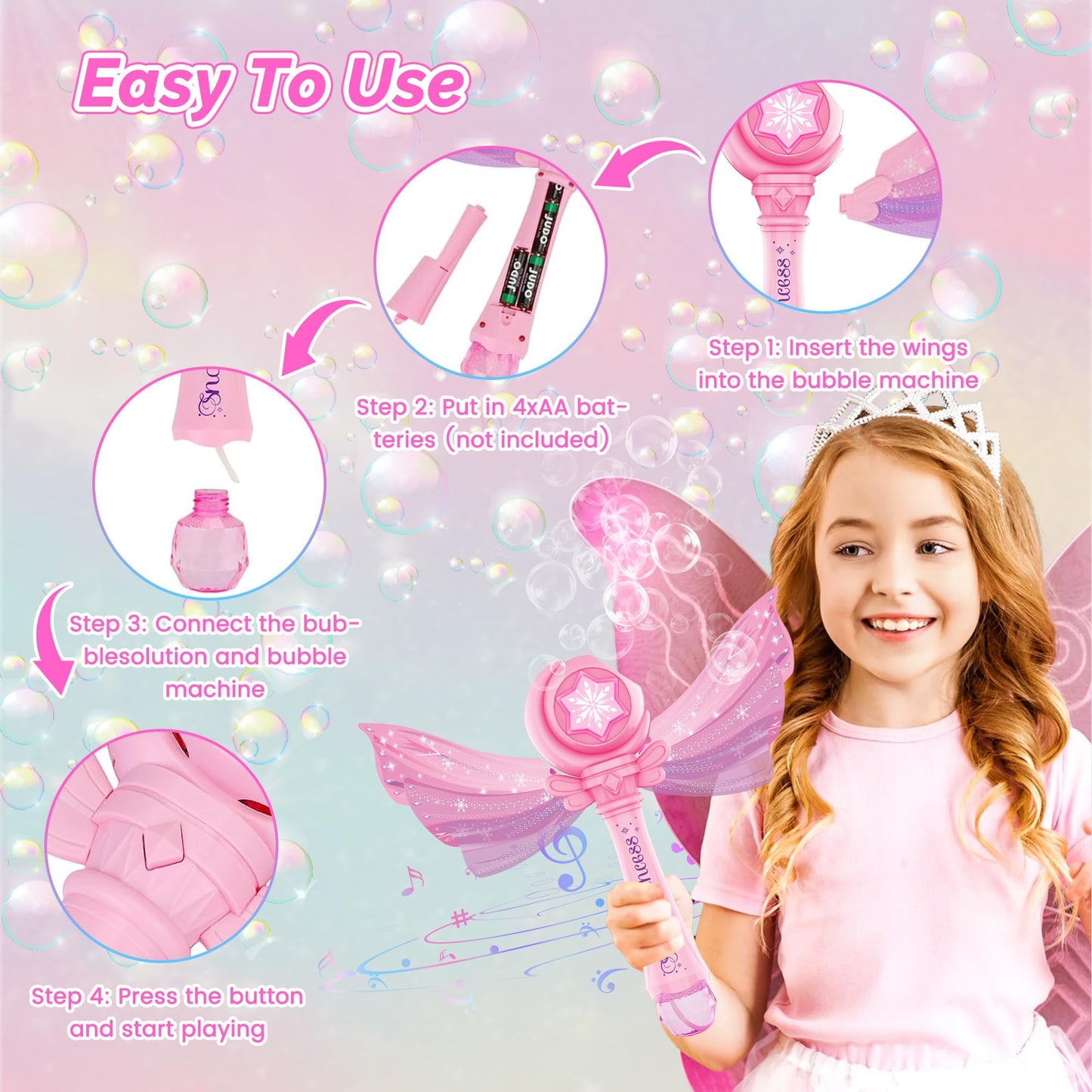 Princess Bubble Wand Set Of 2 For Boys And Girls Gift Aged 3-8,Automatic Bubble Machine Blower Toys With Light And Music For Out