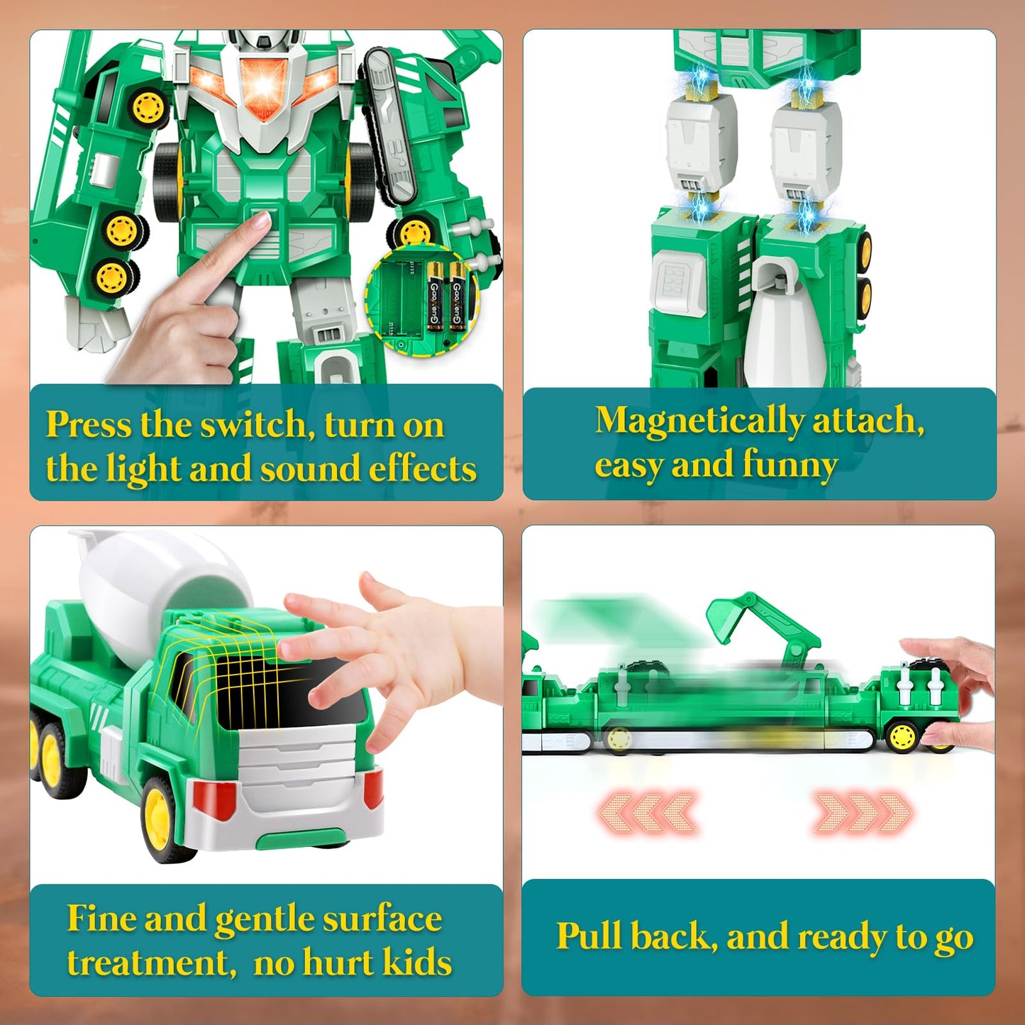 Laradola Transform Robot Toys - 5 in 1 STEM Building Cars for Kids 3-8 Years - Green ABS Construction Gift