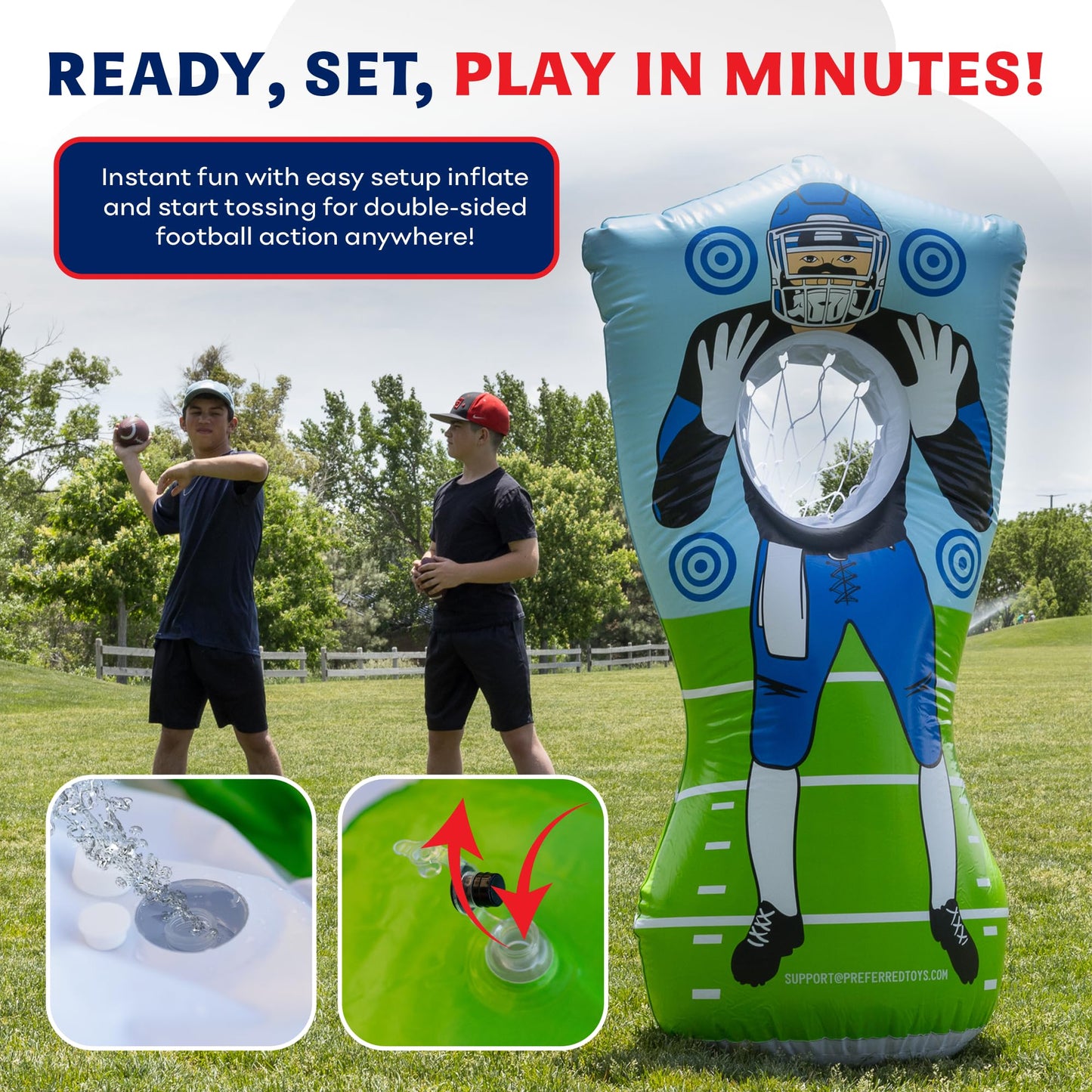 Preferred Toys Inflatable Football Target - Double-Sided Toss Game, 65 Inch, Red/Blue, Includes Mini Footballs for Indoor/Outdoor Fun