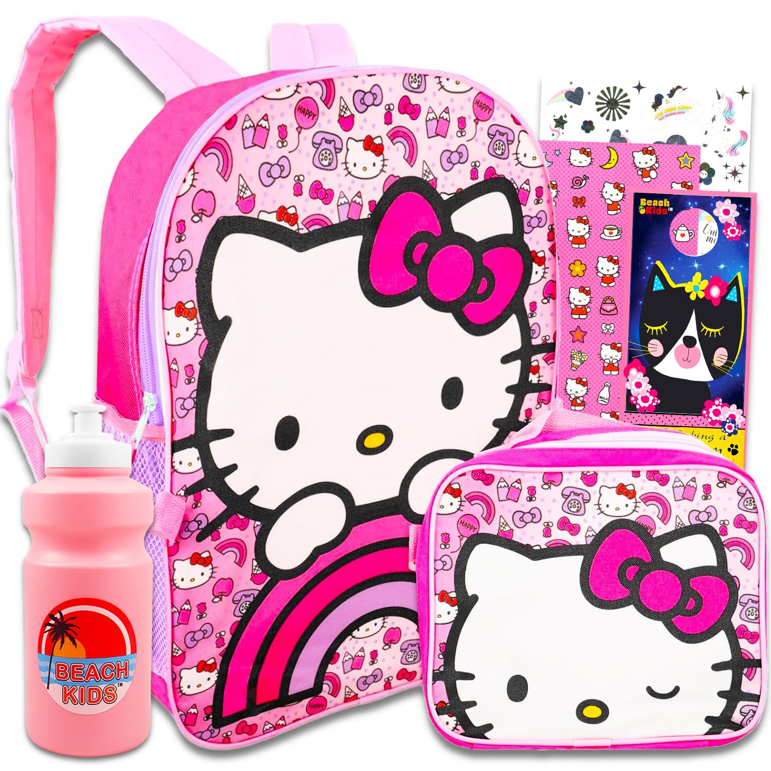 Hello Sanrio Kitty Backpack With Lunch Bag For Girls, Kids ~ 5 Pc Bundle With 16 Inches Hello Kitty School Bag, 2000+ Stickers, 
