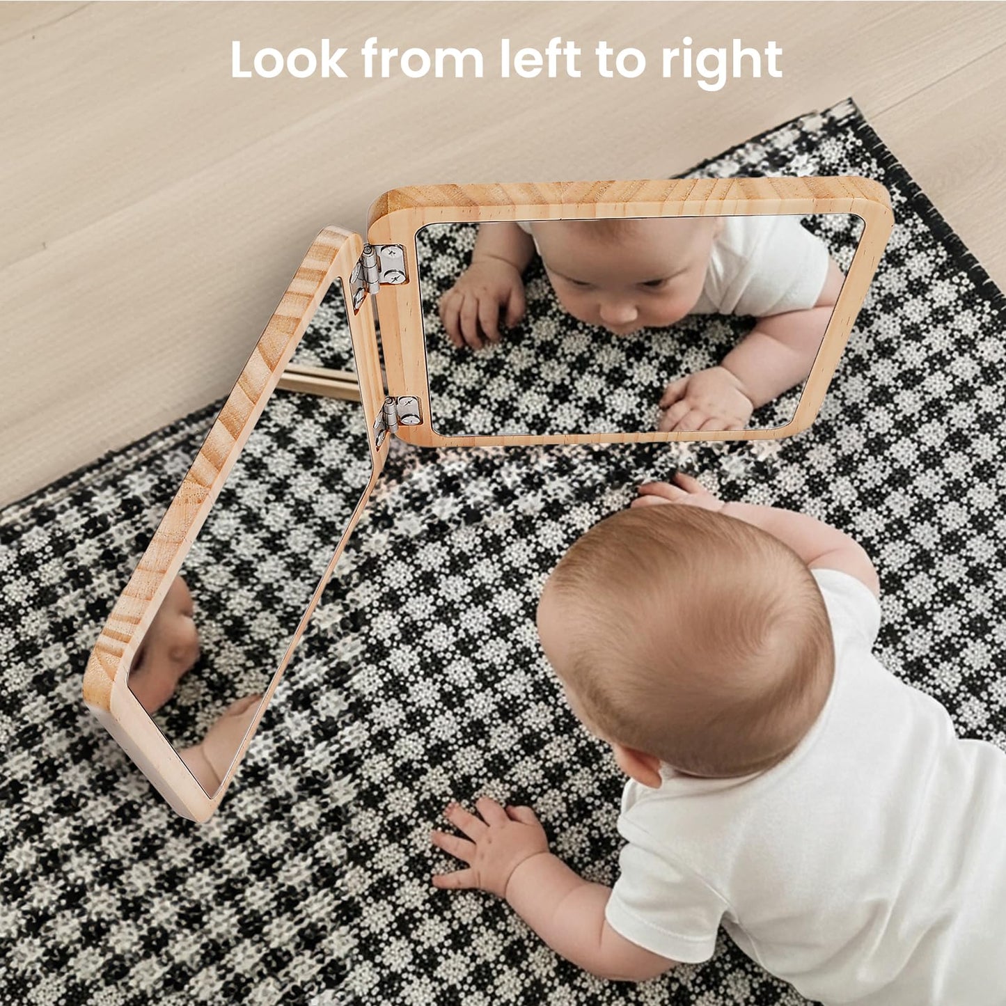 Woodtoe Tummy Time Mirror - Adjustable Baby Mirror with 15 Educational Cards, Shatterproof, 7.7" Natural Wood, Model M-015O