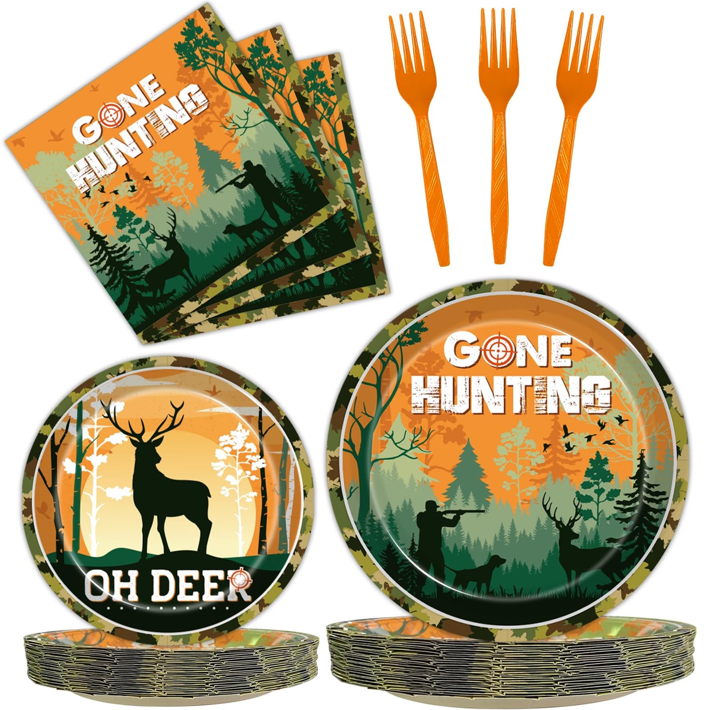 Kepeel 96 Pcs Hunting Camo Party Paper Plates Napkins, Oh Deer Baby Shower Birthday Party Decorations Supplies Disposable Dinner