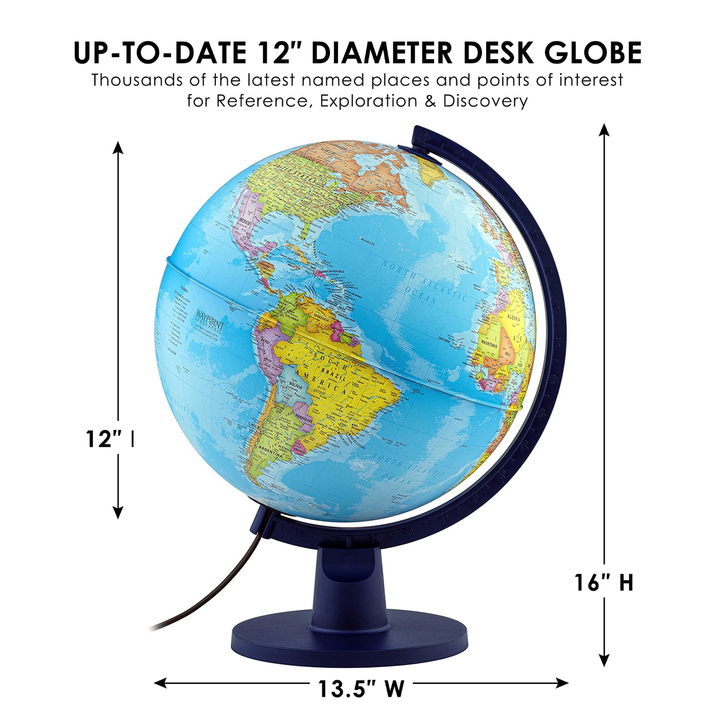 Waypoint Geographic Scout+ Illuminated With Map, World Globe For Kids, Decorative Classroom Globe With Stand, More Than 4000 Places, 12” Interactive Globe, Bonus Map Included, Blue