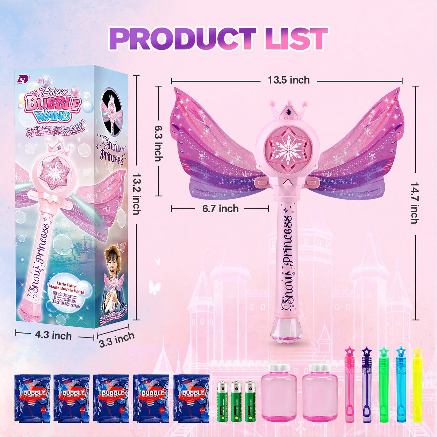 Dolanus Bubble Wands For Kids Girls - Bubble Machine With 7 Bubble Solutions & 3 Aa Batteries, Led Light & Music, Outdoor Party
