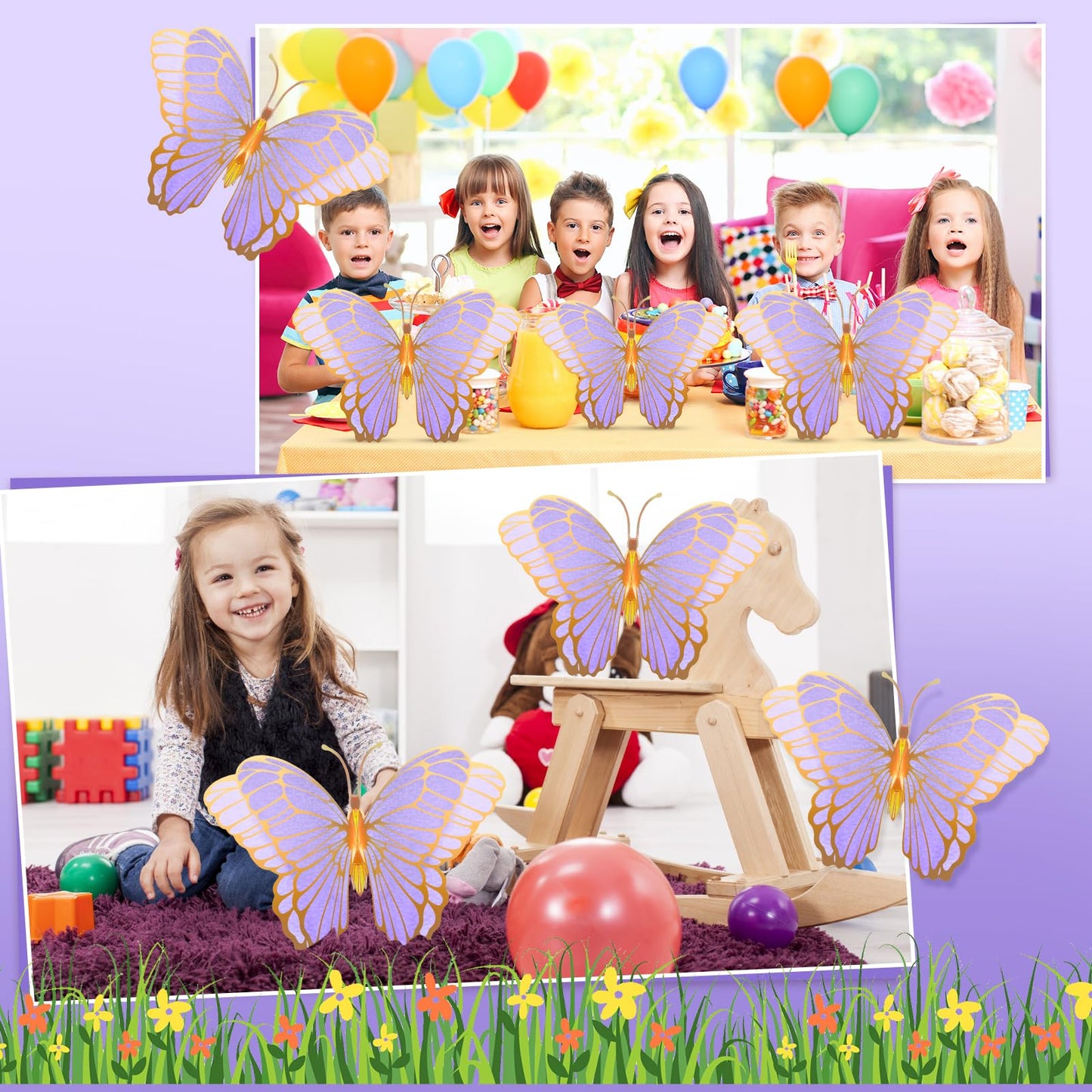 Wettarn 20 Pcs Butterfly Centerpieces For Tables Butterfly Party Decorations 3D Golden Butterfly Table Toppers Centerpiece For Girl Party Birthday Baby Shower (Purple,12 X 9 In,10 X 7 In)