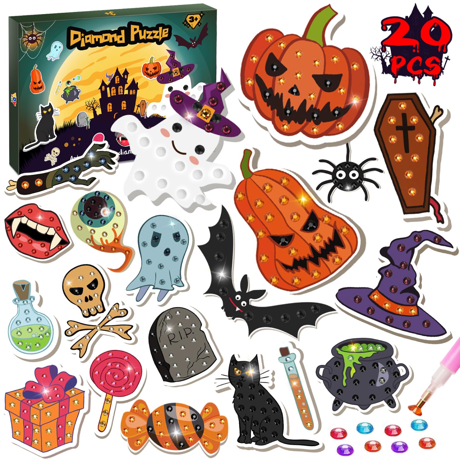 TOY Life Halloween Diamond Painting Kits Diamond Art for Kids Pumpkin Ghost Witch Hat Halloween Party Favor Goodie Bag Halloween