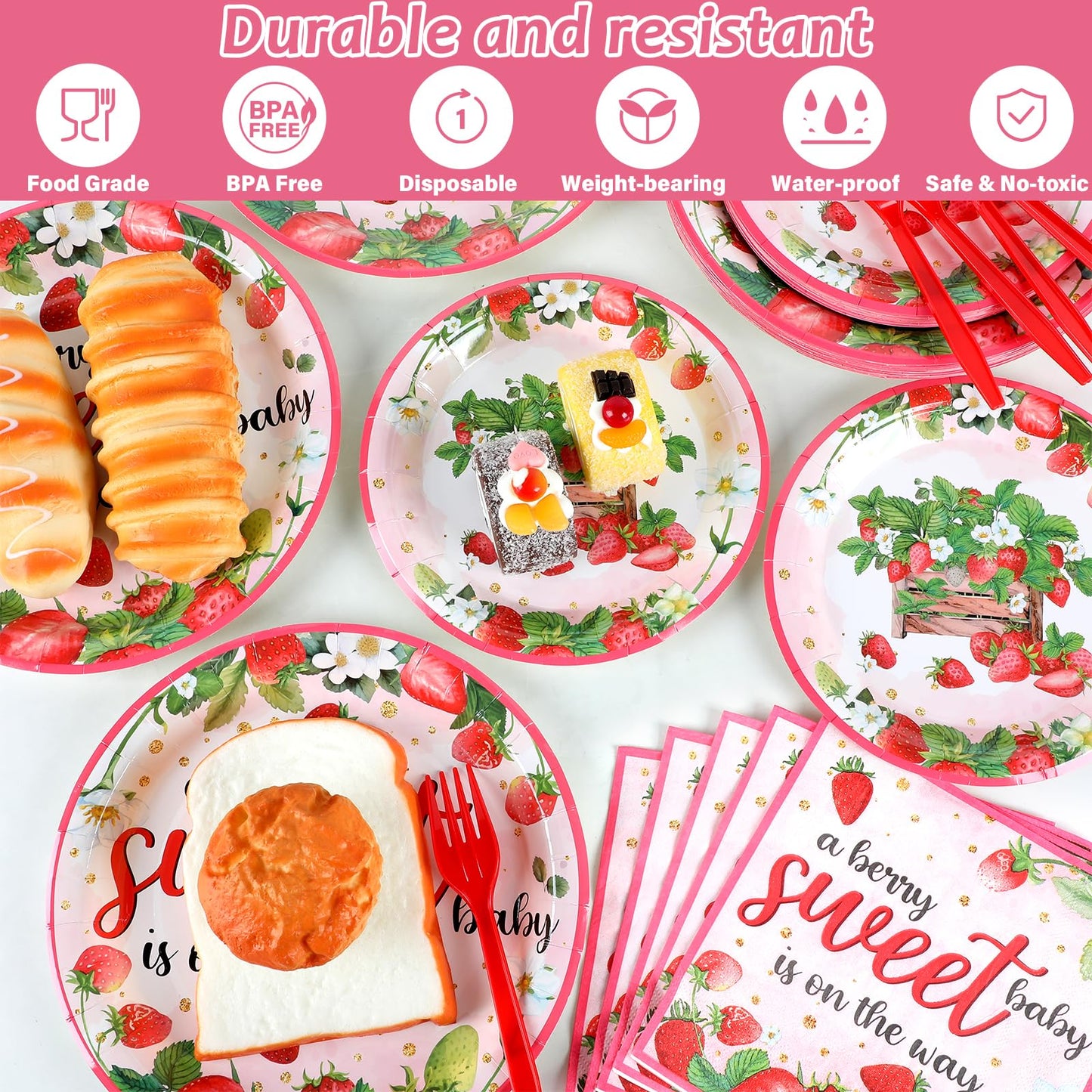 Gisgfim 96Pcs Strawberry Baby Shower Party Supplies Sweet Berry Paper Plates Napkins Summer Strawberry Birthday Tableware Set Fo