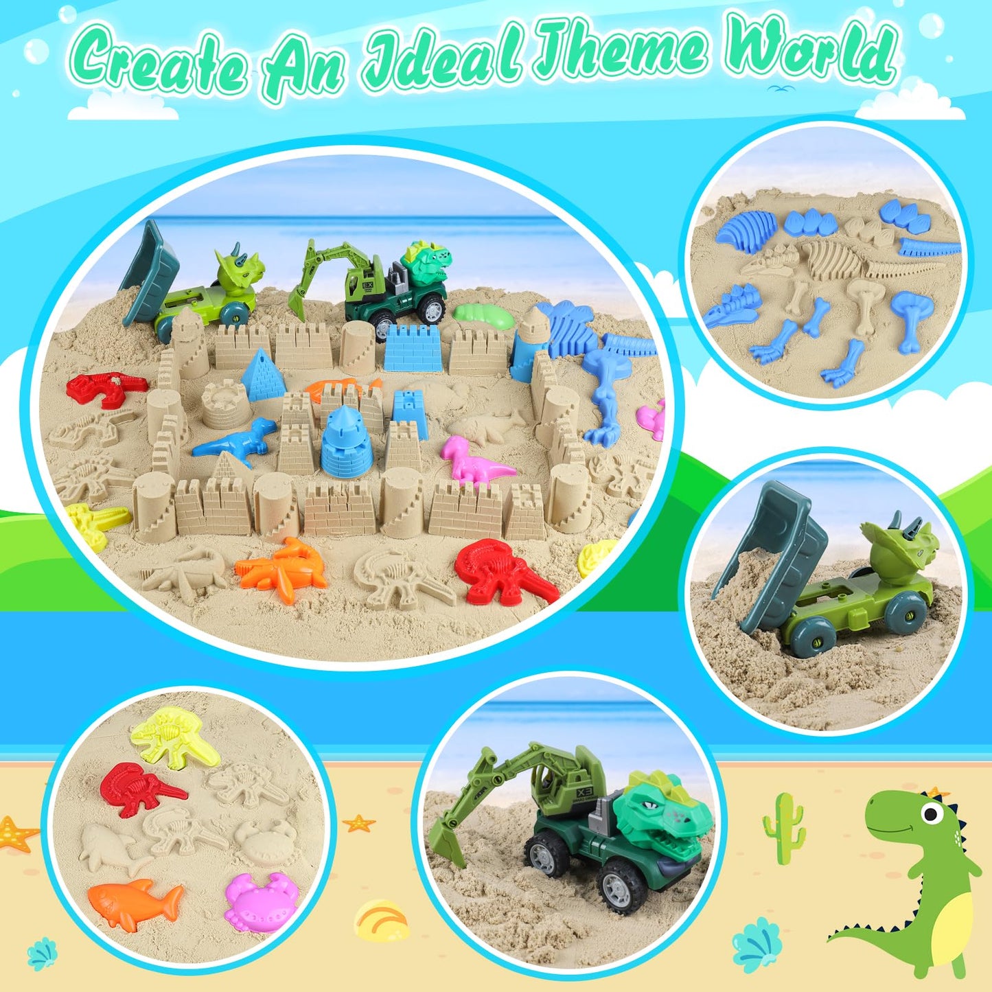 Beach Toys, 36Pcs Dinosaur Sand Toys for Kids Toddlers, Sandbox Toys with 2 Truck, Collapsible Beach Bucket, Mesh Bag, Sand Mold