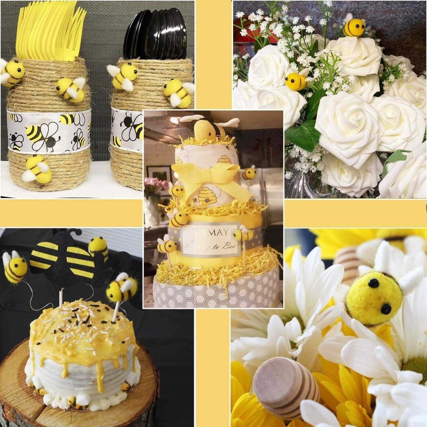 Cinpiuk 24 Set Felt Bees For Crafts, Wool Felt Bumble Bee Plush For Tiered Tray Decoration Party Favors Diy Craft Jewelry Access