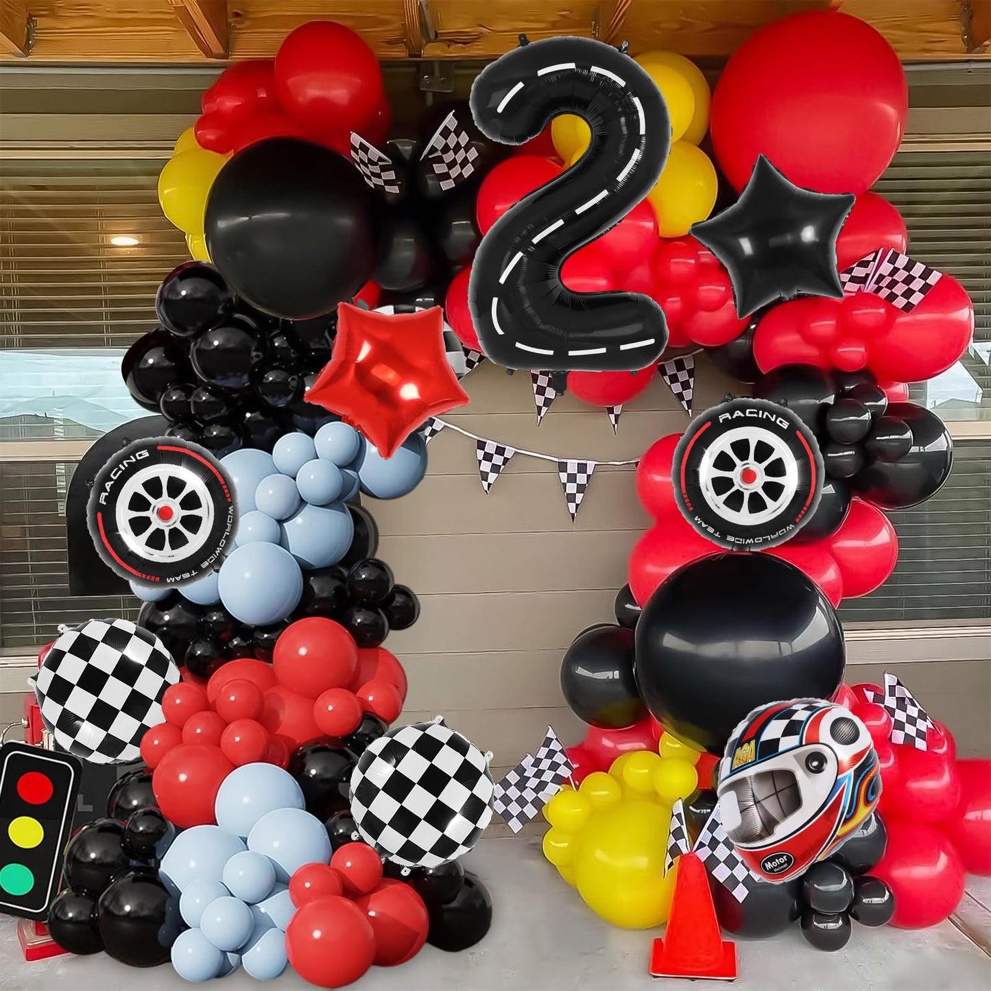 Race Car 2 Balloons, 40 Inch Racetrack Number 2 Balloon, Large Foil Mylar Racetrack Black 2 Balloon For 2 Year Old Birthday Race