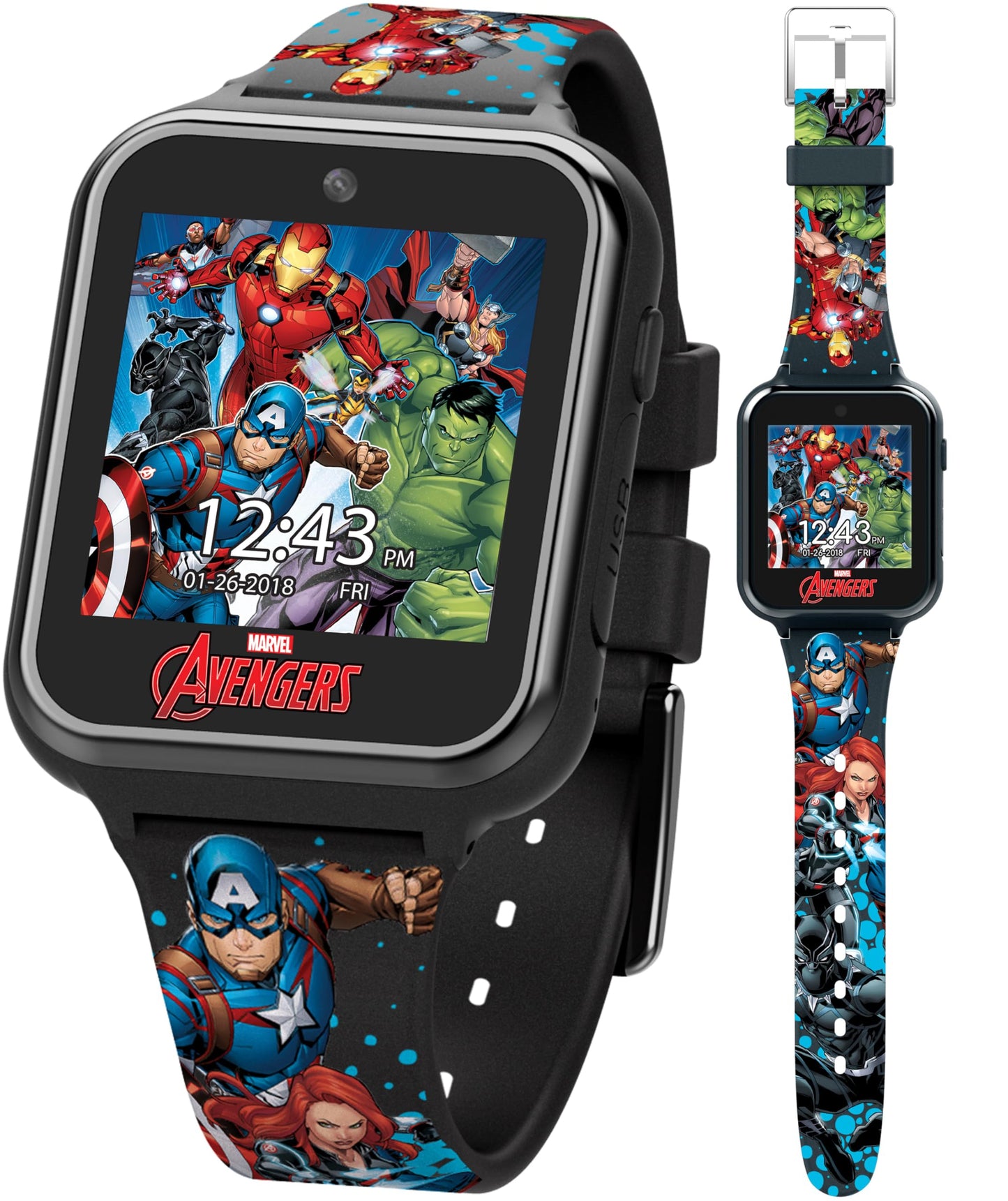 Accutime Kids Marvel Avengers Black Educational Touchscreen Smart Watch Toy For Girls, Boys, Toddlers - Selfie Cam, Learning Games, Alarm, Calculator, Pedometer And More (Model: Avg4597Az)