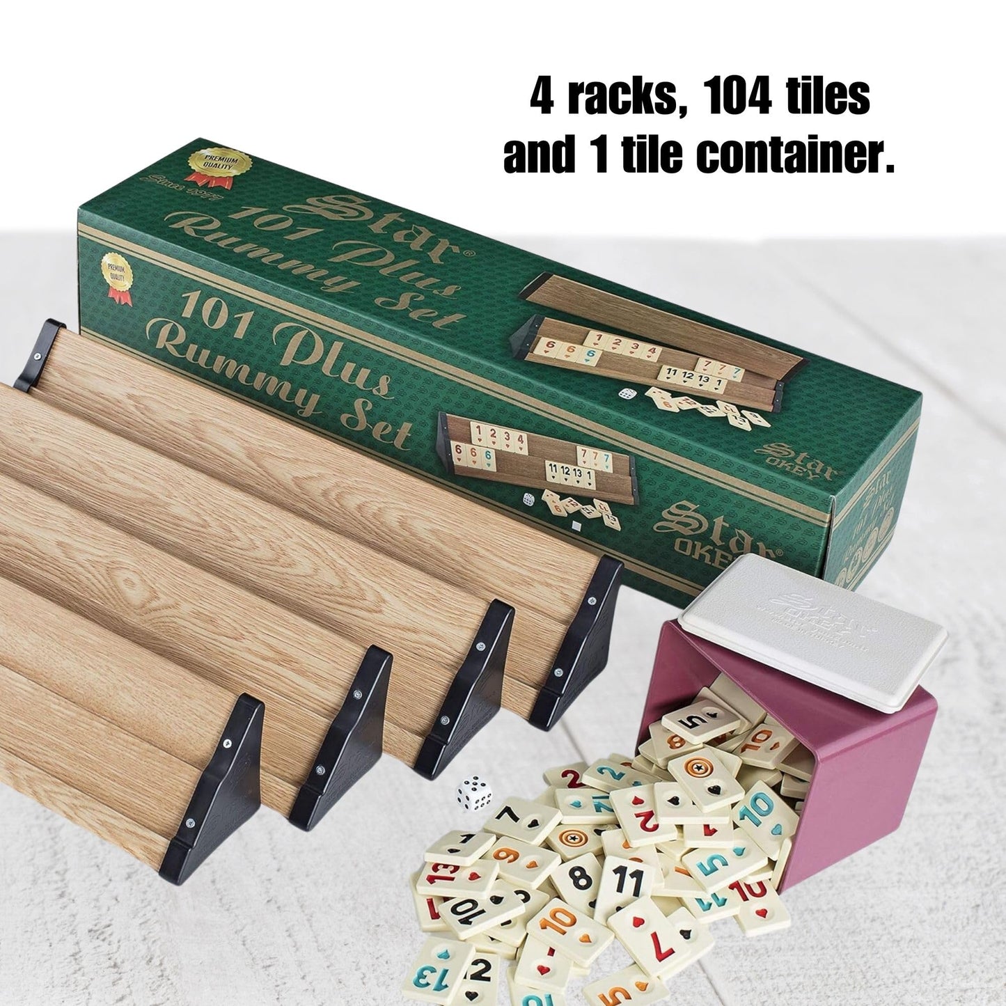 Lamodahome Star Plus Light Wooden Rummy/Okey/101 Game Set With Tile Container And Dices, For Adults And Kids, Perfect For Game Nights, Team Game, Get Together, Outdoor, Indoor