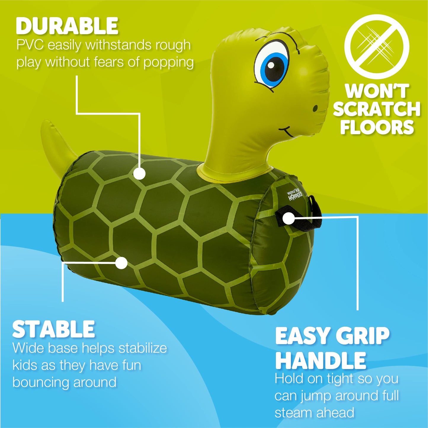 Waddle Hip Hopper Inflatable Hopping Animal Bouncer Turtle, Ages 2 And Up, Supports Up To 85 Pounds