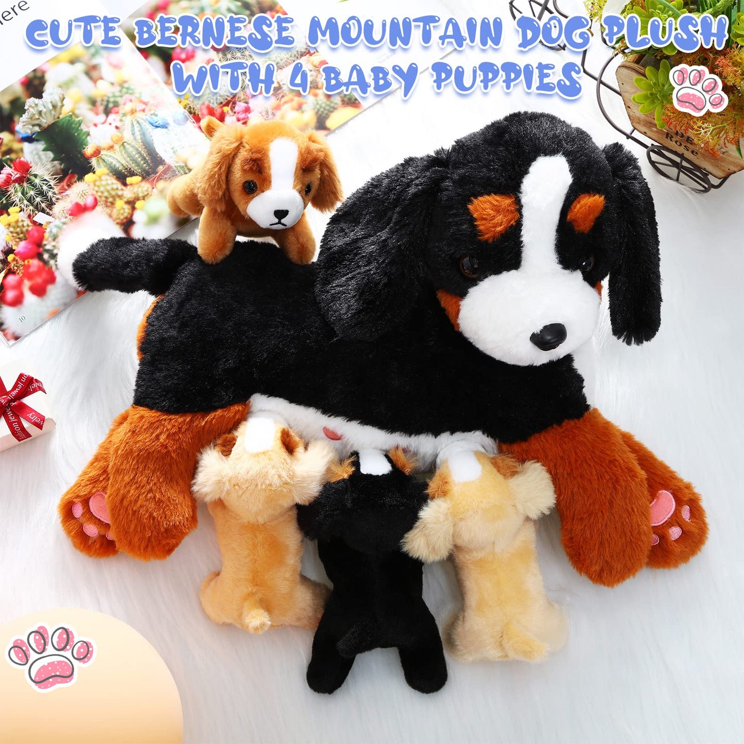 Hydren Nurturing Bernese Mountain Dog Plush Toy Set 15 Inch Nursing Mommy Dog Stuffed Animal With 4 Stuffed Magnetic Baby Puppie