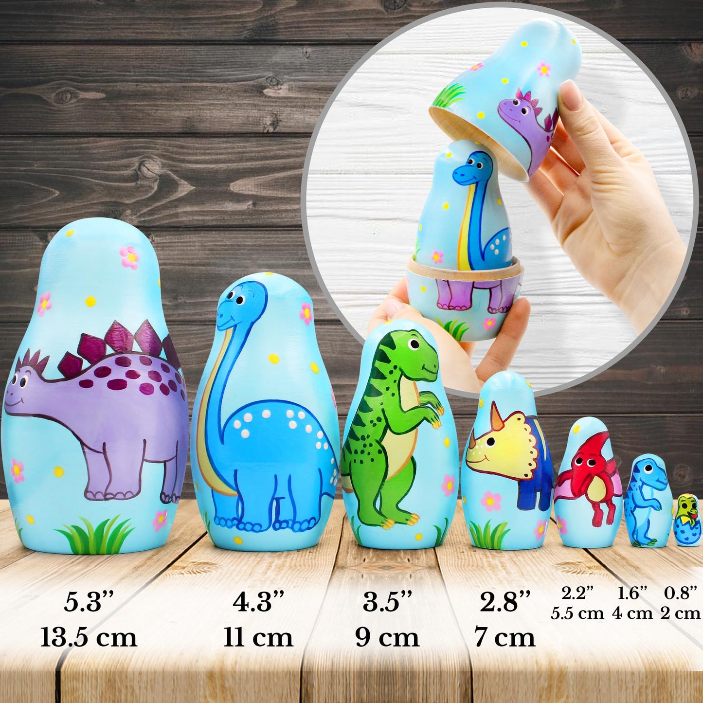 Aevvv Dinosaur Nesting Dolls Set 7 Pcs - Dinosaur Decor – Matryoshka Dolls With Dinosaur Decorations