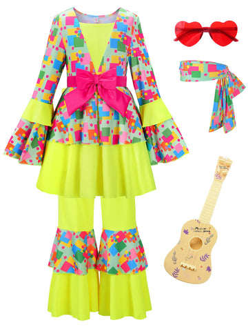 Relibeauty Hippie Costume For Girls Disco Diva Costume For Girls Cute Halloween Costumes For Kids 70S 80S 60S Outfits Kids,150