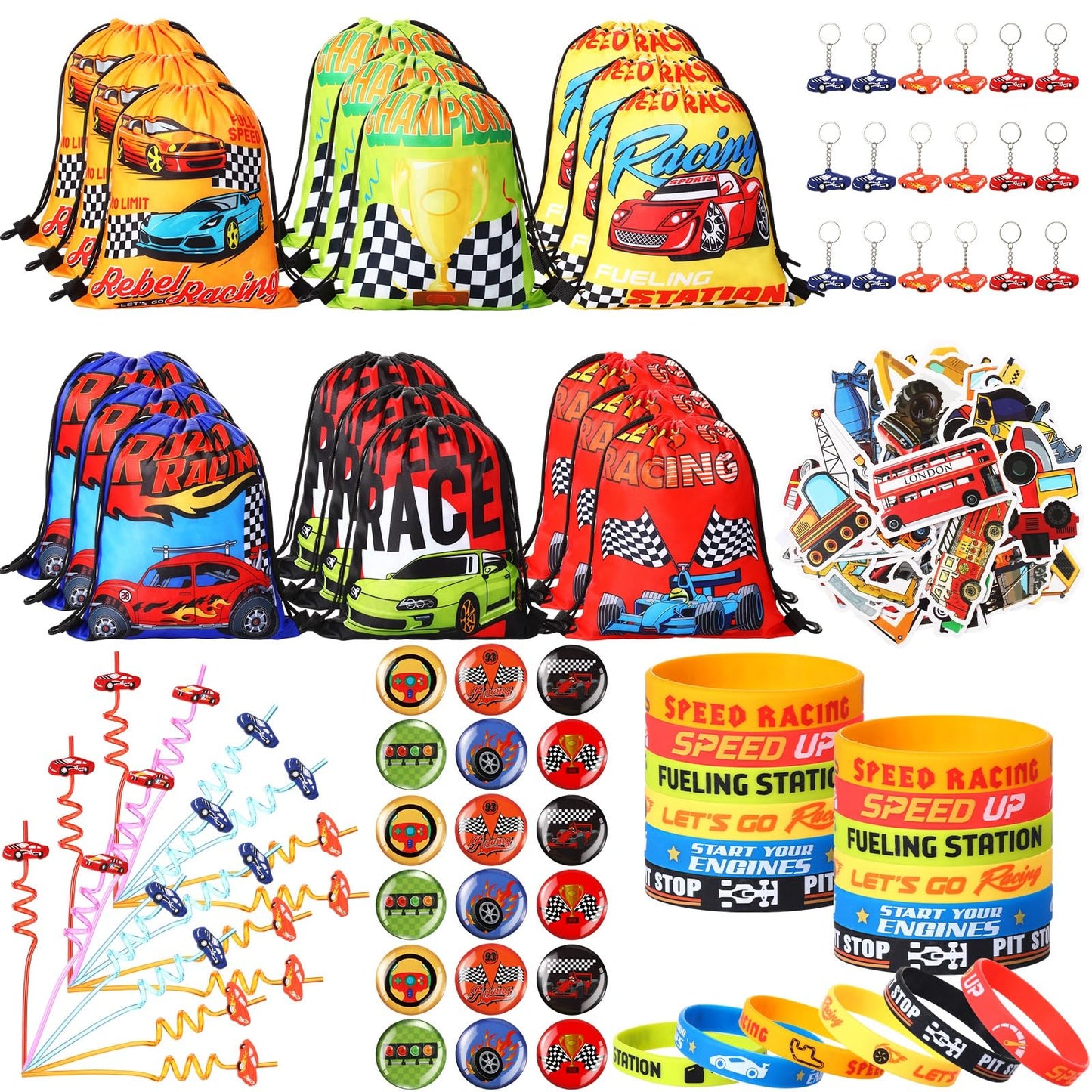 Sadnyy 140 Pcs Race Car Party Favors Birthday Party Decorations Supplies Drawstring Bags with Silicone Bracelets Keychains Straw