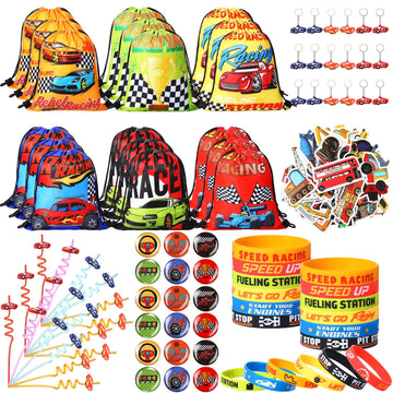 Sadnyy 140 Pcs Race Car Party Favors Birthday Party Decorations Supplies Drawstring Bags with Silicone Bracelets Keychains Straw