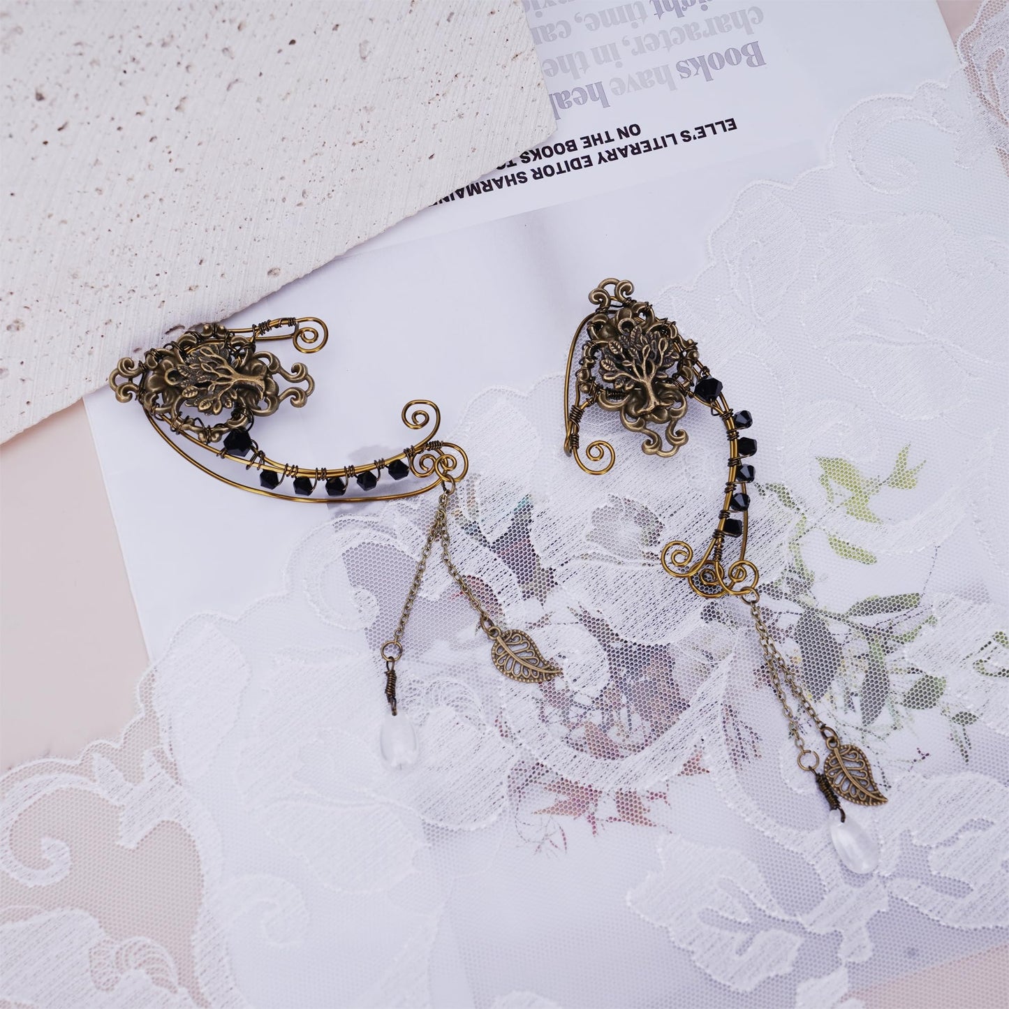 Renaissance Fairy Elf Ear Cuffs - Handmade Vintage Bronze Tree Elf Earrings With Black Crystal Non Piercing Metal Ear Clip Elven Ear Wraps For Women Christmas Halloween Renfaire Party Accessories