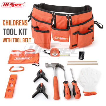 Hi-Spec 16pc Orange Kids Tool Kit Set & Child Size Tool Belt. Real Metal Hand Tools for DIY Building, Woodwork & Construction Le