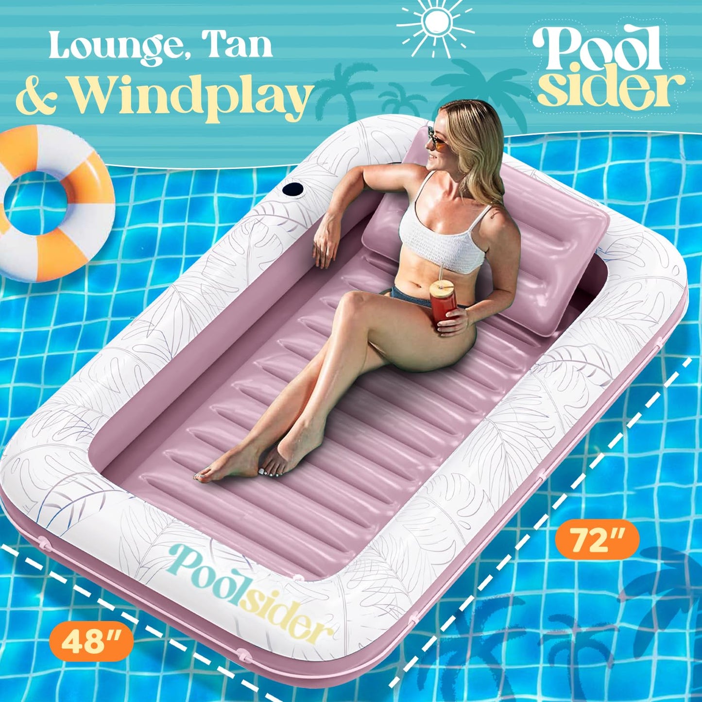 enhanced Inflatable Tanning Pool Lounger | Large Inflatable Tanning Bed for mature-themeds | Multipurpose Pool Floats | Inflatable Pool Float | Tanning Float - Pink