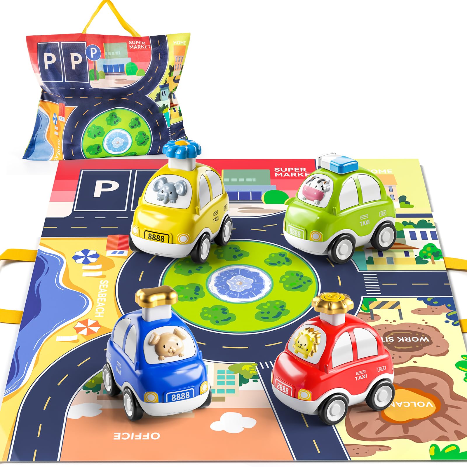 TEMI 4PCS Inertia Animal Car Toys with Play Mat/Storage Bag for Toddlers Toy Age 1-3, Baby Toys 1 2 3 Years Old Boys Birthday Ne