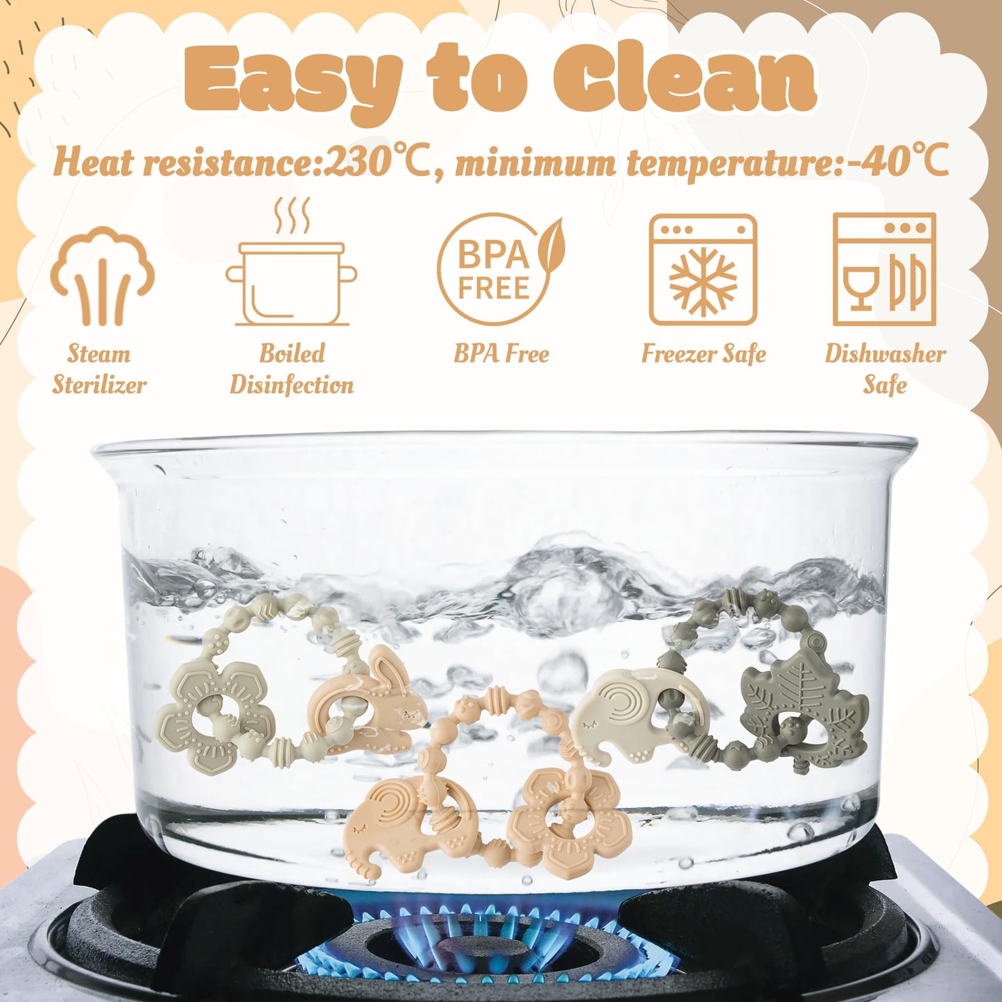 Silicone Teether Toys for Babies - 2ooya 3Pcs Animals Themed Teething Ring, Flower Leaves Baby Sensory Chew Toys with Rattles fo