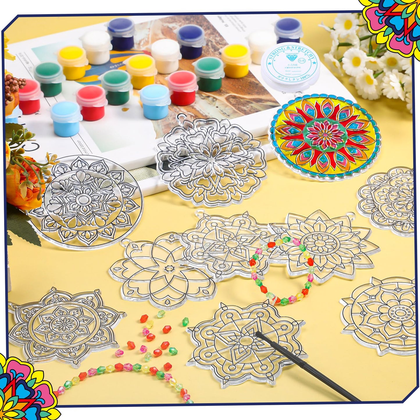 Pasimy 36 Sets Mandala Suncatchers Paint Craft Kits Mandala Flower Window DIY Hanging Ornaments Decorations Paint Your Own Sprin